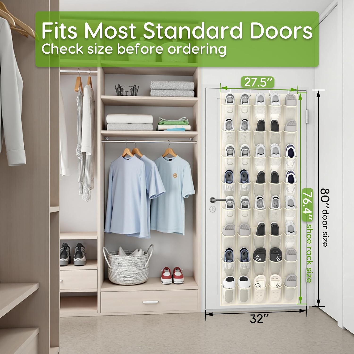 Over the Door Shoe Organizer with 40 Large Breathable Mesh Pockets, Space Saving Shoe Holder, Hanging Shoe Rack for Entryway Bedroom Closet Storage (Beige, 40 Pockets)