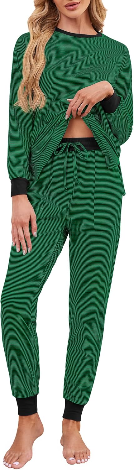 Soft Cotton Pajamas for Women Set Striped Long Sleeve Lounge Sets 2 Piece Pajama Tops and Jogger Pants with Pockets