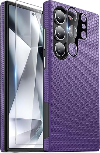Diaclara Funda de doble protección diseñada para Samsung Galaxy S24 Ultra, con protector de pantalla de vidrio templado + protector de lente de