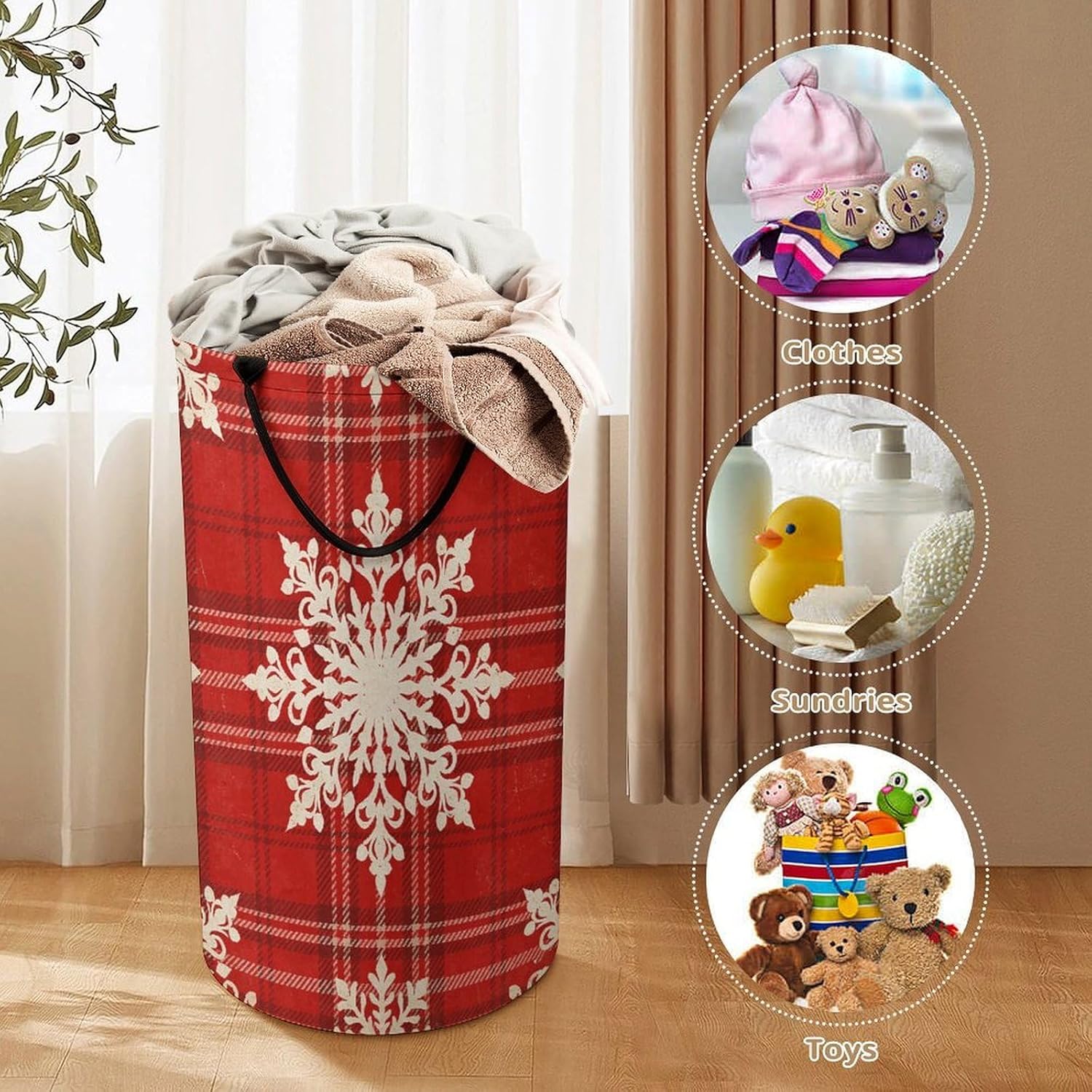 Plaid Snowflake Red Laundry Hamper with Handles Waterproof Collapsible Laundry Basket Large Lightweight Round Dirty Clothes Hamper for Home Dorm Bathroom Decor