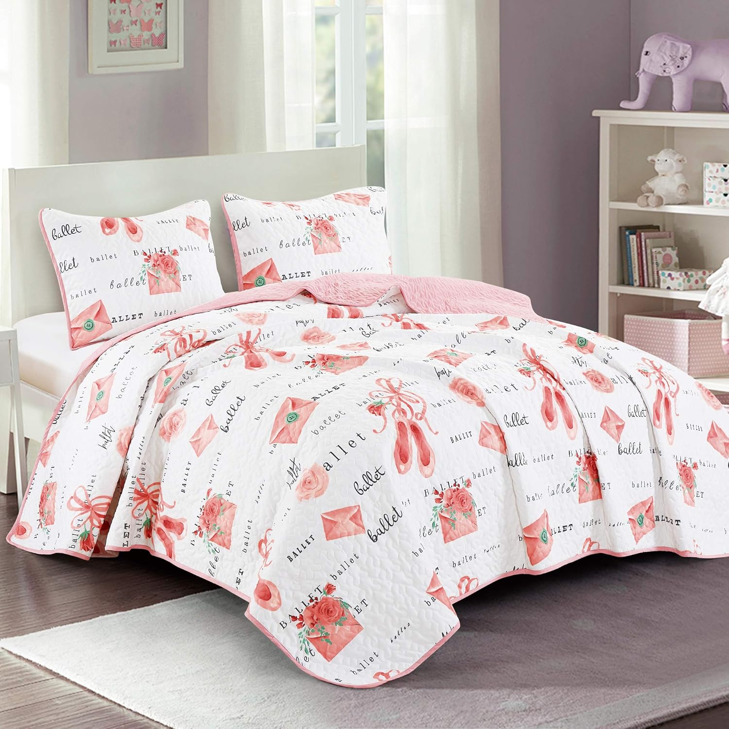 WPM WORLD PRODUCTS MART Pink White Ballet Theme Kids Quilt Set Full Size Princess Design Toddler Quilt for Toddler Bed Quilted Ballerina Style Bedspread Coverlet with Pillow Sham (Ballerina, Full)