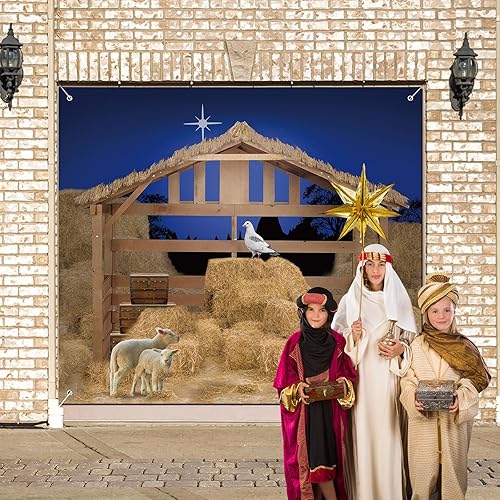 Vista 19 de Preboun Pancarta de Navidad para puerta de garaje, decoración de fiesta de invierno (8 x 16 pies)