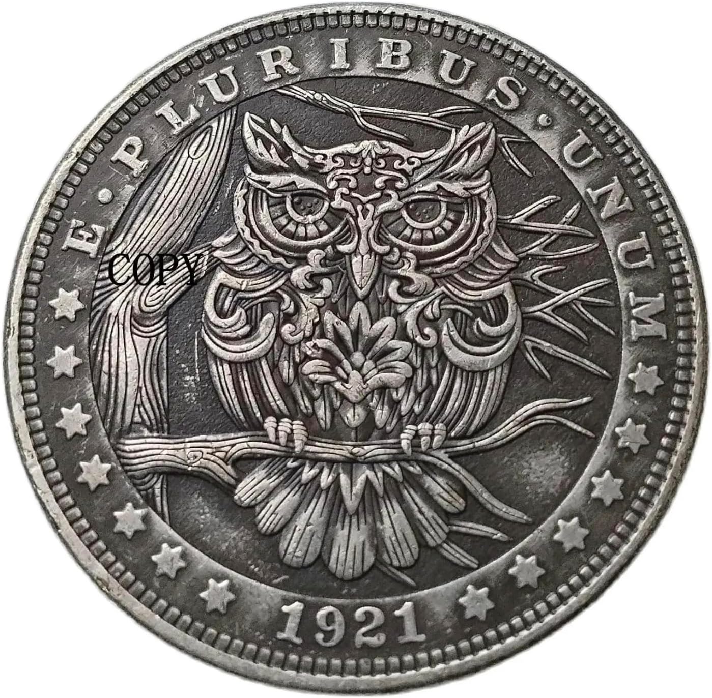 Copy 1921 U.S Hobo Morgan Coin Barn Owl Owls Bird Talons Eyes Tree Branch Hoot Nocturnal Night Animal Silver Plated Replica Commemorative