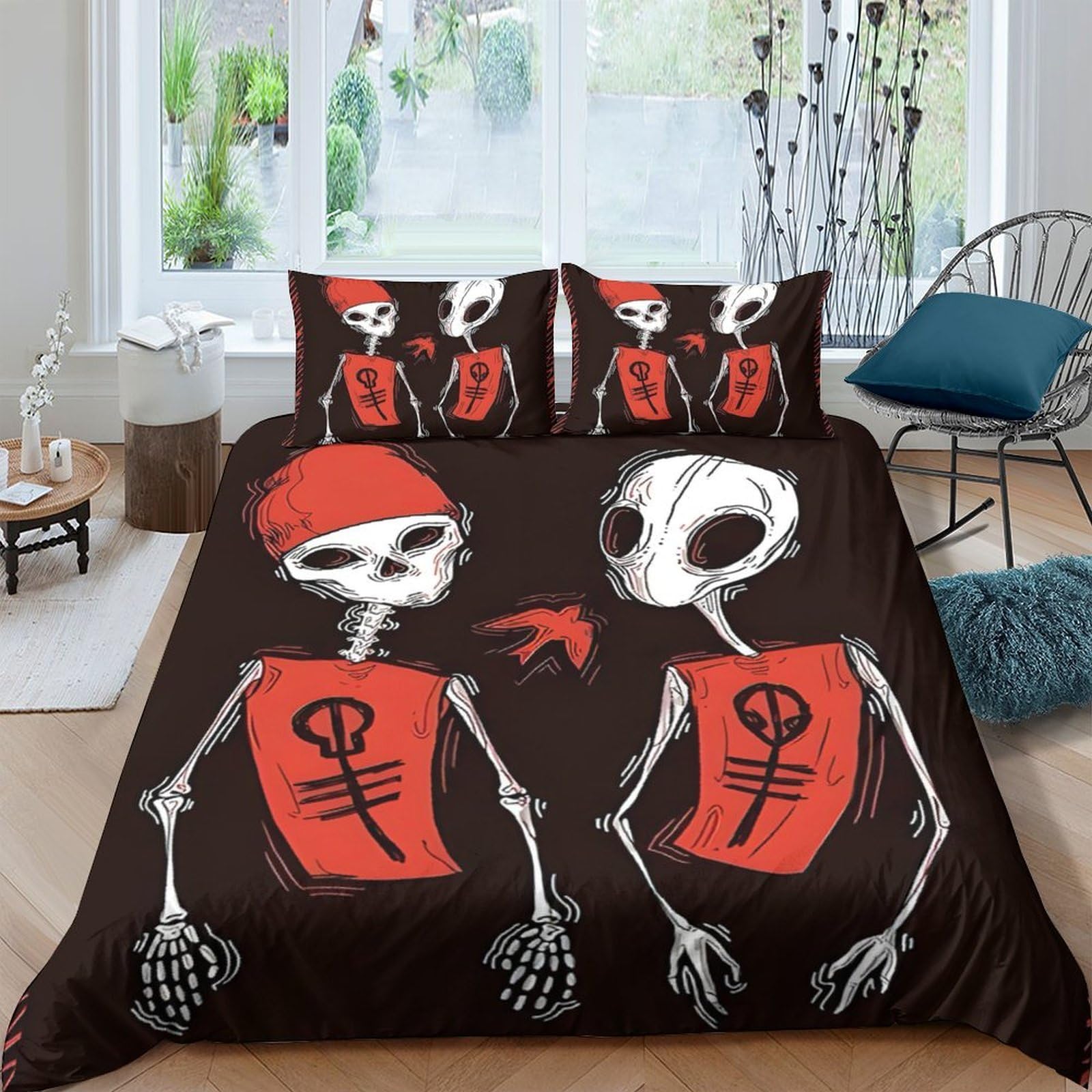 Ctjqhvkz Style-2 3D Printed Skeleton Cartoon Fitted Sheet Microfiber Soft Black Red Alien Art Mattress Cover For Bedroom Dorm Bed Decor Single（135X200cm）