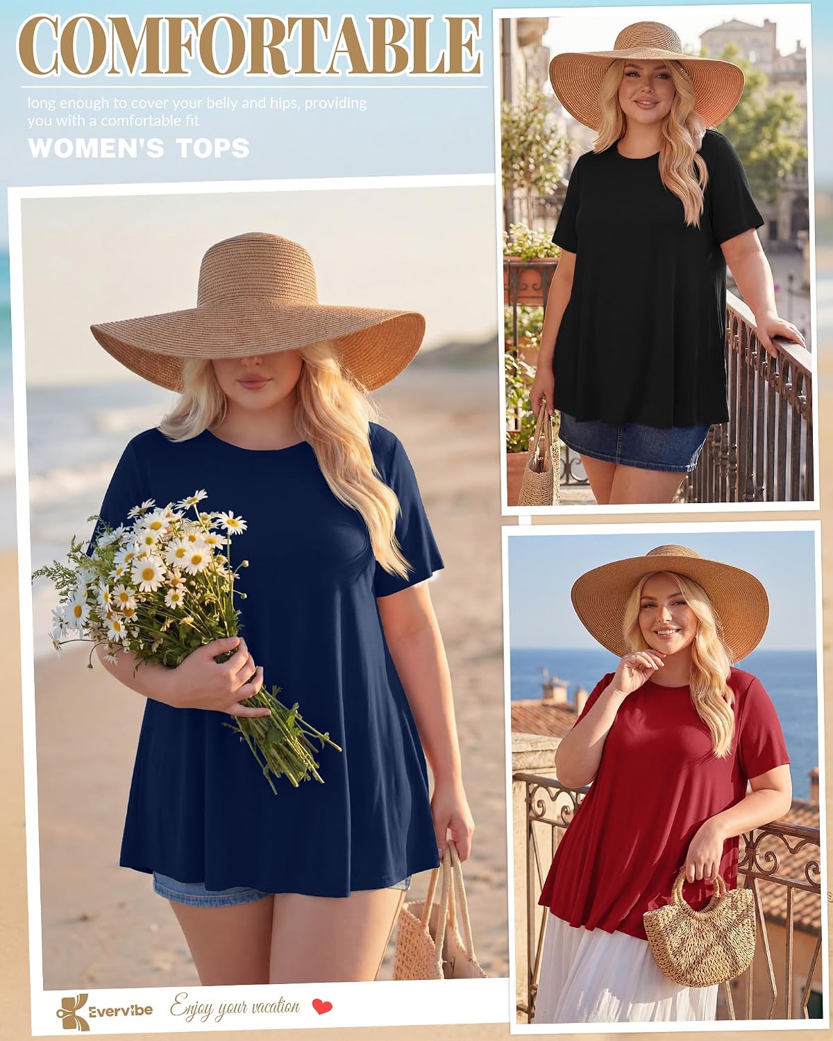 Evervibe 3 Pack Women's Plus Size Tunic Top Short Sleeve Long Shirts Summer Loose Fit Flowy Blouse Wear with Leggings