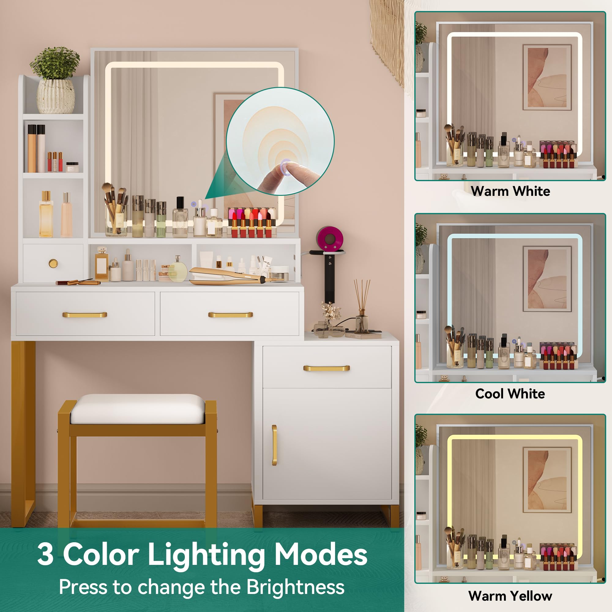 Tavolo Toeletta YITAHOME Con LED, 11 Cassetti E Presa - Bianco Moderno - Foto 5