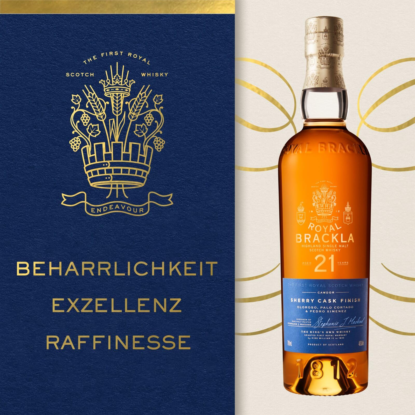 Royal Brackla 21 Jahre alter Highland Scotch Single Malt Whisky in edler Geschenkbox, in Pedro Ximénez, Oloroso und Palo Cortado Sherryfässern veredelt, Whisky-Geschenkset, 46 Vol%, 70 cl/700 ml