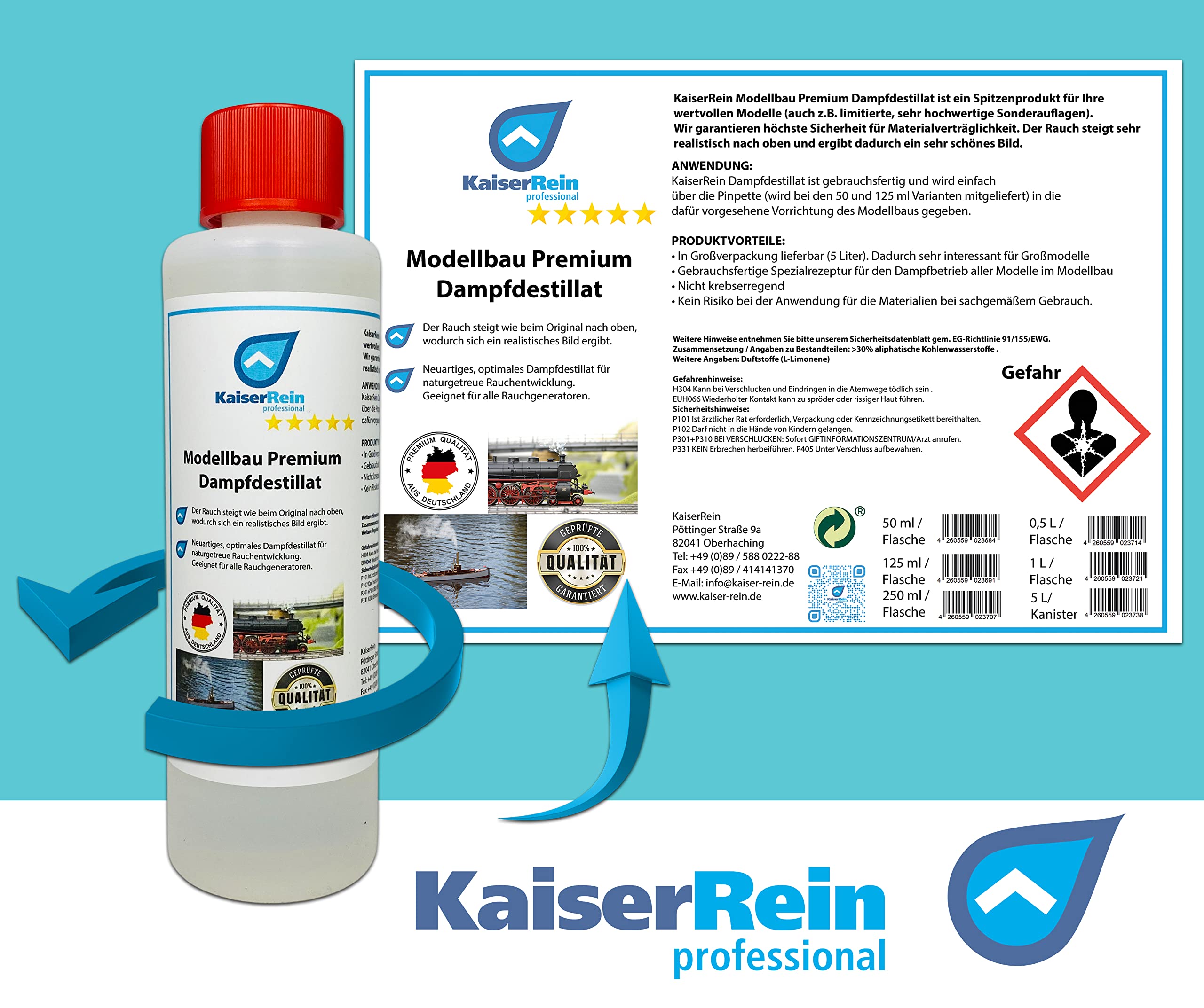 KaiserRein Modellbau Dampfdestillat 0,5 L ist eine Spezialentwicklung um realistischen Dampf im Modellbau zu erzeugen I Das Dampfmittel riecht nach leicht Limette I Rauchdestillat I Rauch -öl
