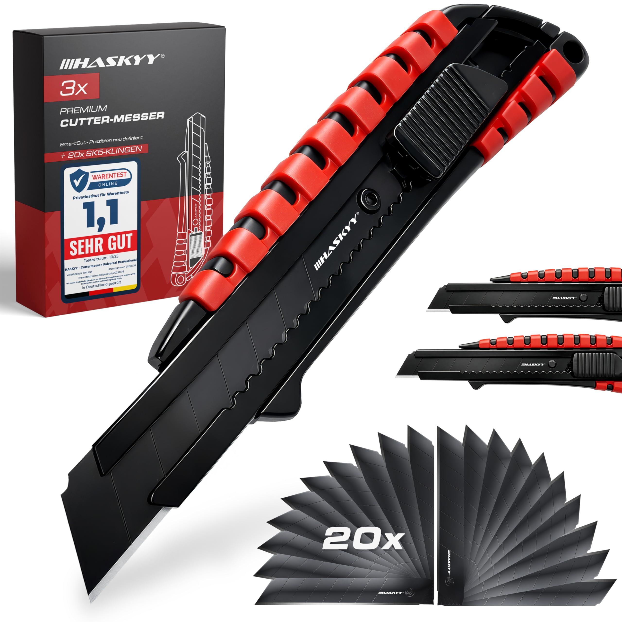 HASKYY Cuchillo Cutter Universal Juego Profesional 3 piezas incl. 20 hojas de acero al carbono SK5 de 18mm, mango ergonómico antideslizante, rompehojas