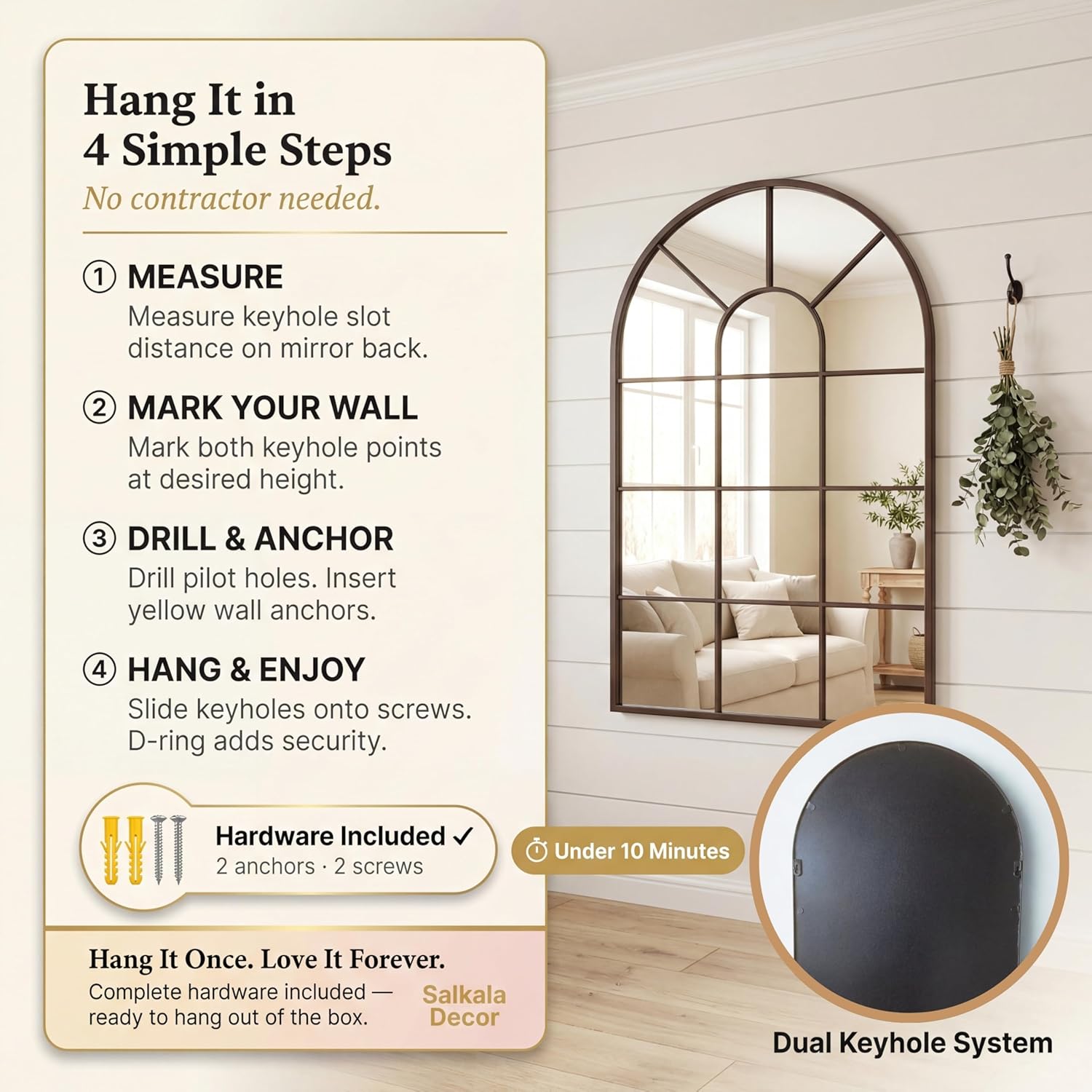 Black Arched Window Mirror | Farmhouse Decorative Wall Mirrors for Living Room, Bedroom, Entryway, Bathroom Vanity, Fireplace Mantel | Window Pane Mirror Wall Decor | Arch Mirror Modern Accent Décor