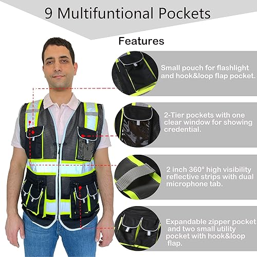 Miniatura 7 de Chaleco de seguridad reflectante para hombres y mujeres, con 9 bolsillos y cremallera frontal, chaleco de trabajo de alta visibilidad, chaleco de