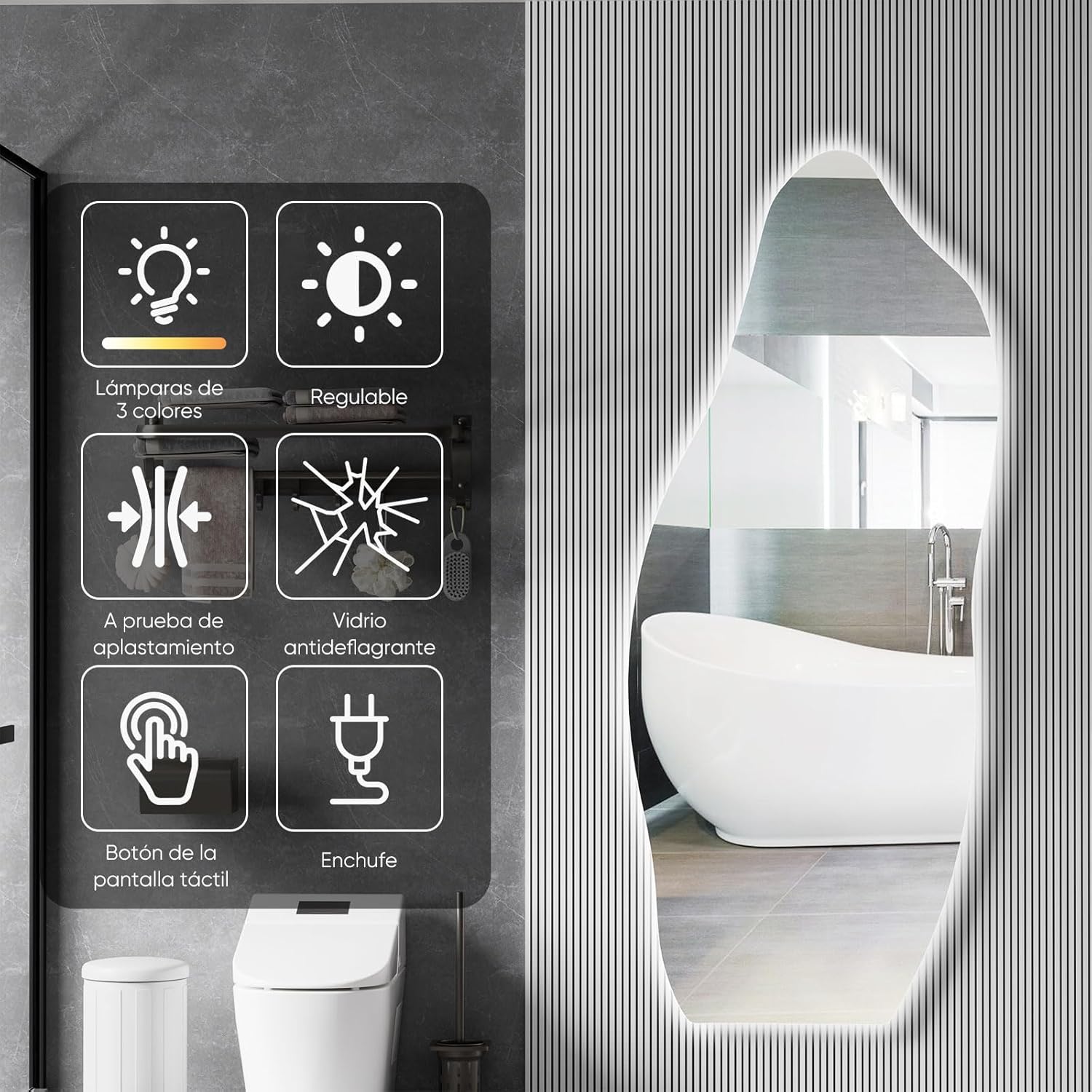 Espejo de Cuerpo Completo con Luz Led, 48*20 Pulgadas Espejo de Piso Led Irregular, Espejos De Cuerpo Entero con regulable, 3 Colores, A prueba de explosiones, para Sala, Dormitorio, Entrada, Probador