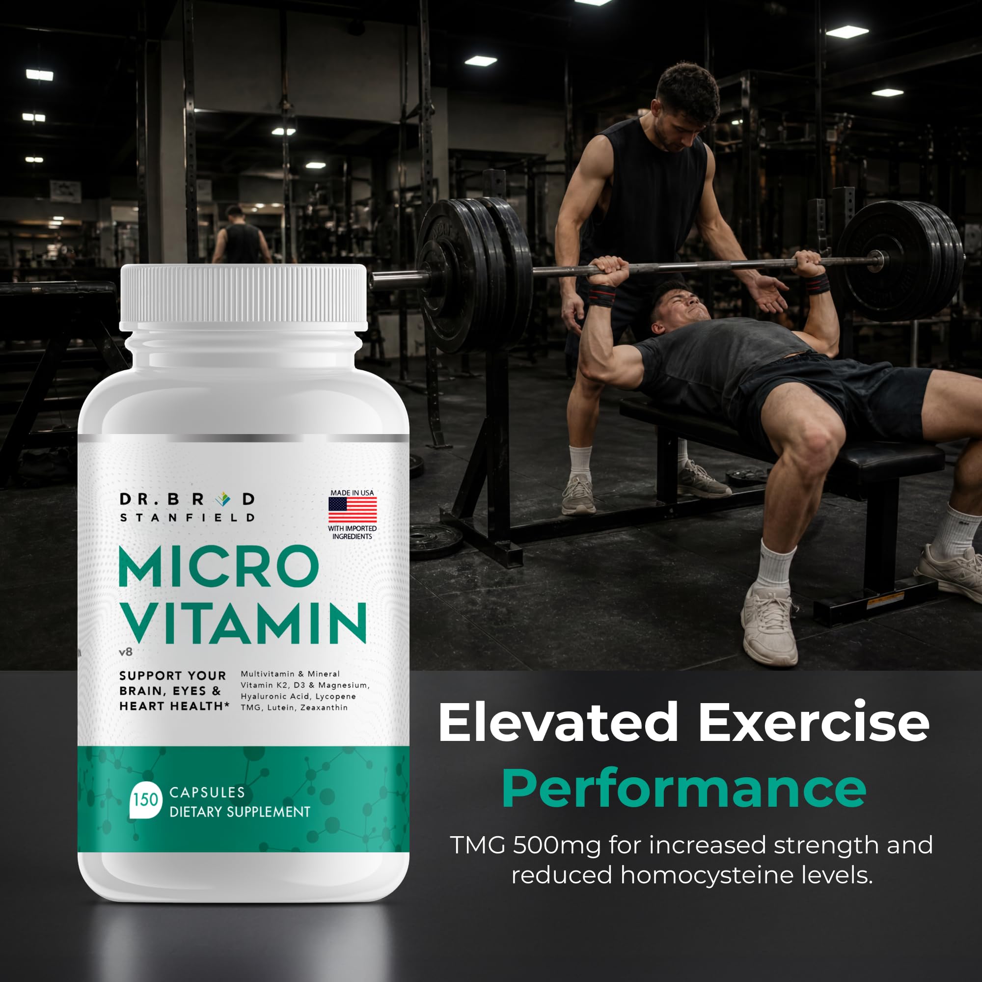 Dr Brad Daily Dosis Baja Multivitamina y mineral para hombres y mujeres para apoyar el rendimiento cognitivo y la memoria + ácido hialurónico para la salud de la piel + TMG para ejercicio (150