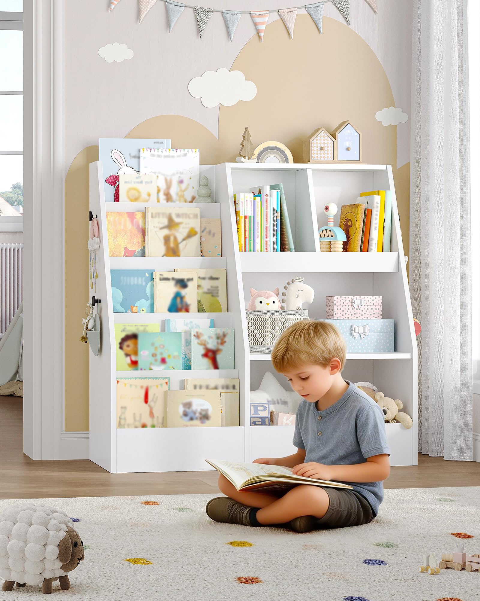 Hzuaneri Meuble Rangement Enfant, Bibliothèque Enfants, avec 5 étagère à Livres et 5 étagères Ouvertes, étagère Rangement Enfants, Chambre d'enfant, Salle de Jeu, Blanc, 40 x 90 x 90 cm, KB23003X
