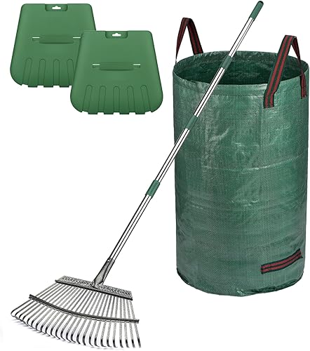 Rastrillo de jardín resistente de 65 pulgadas, rastrillo de jardín de 25 dientes con cucharas de hojas y bolsa, rastrillo de metal antideslizante