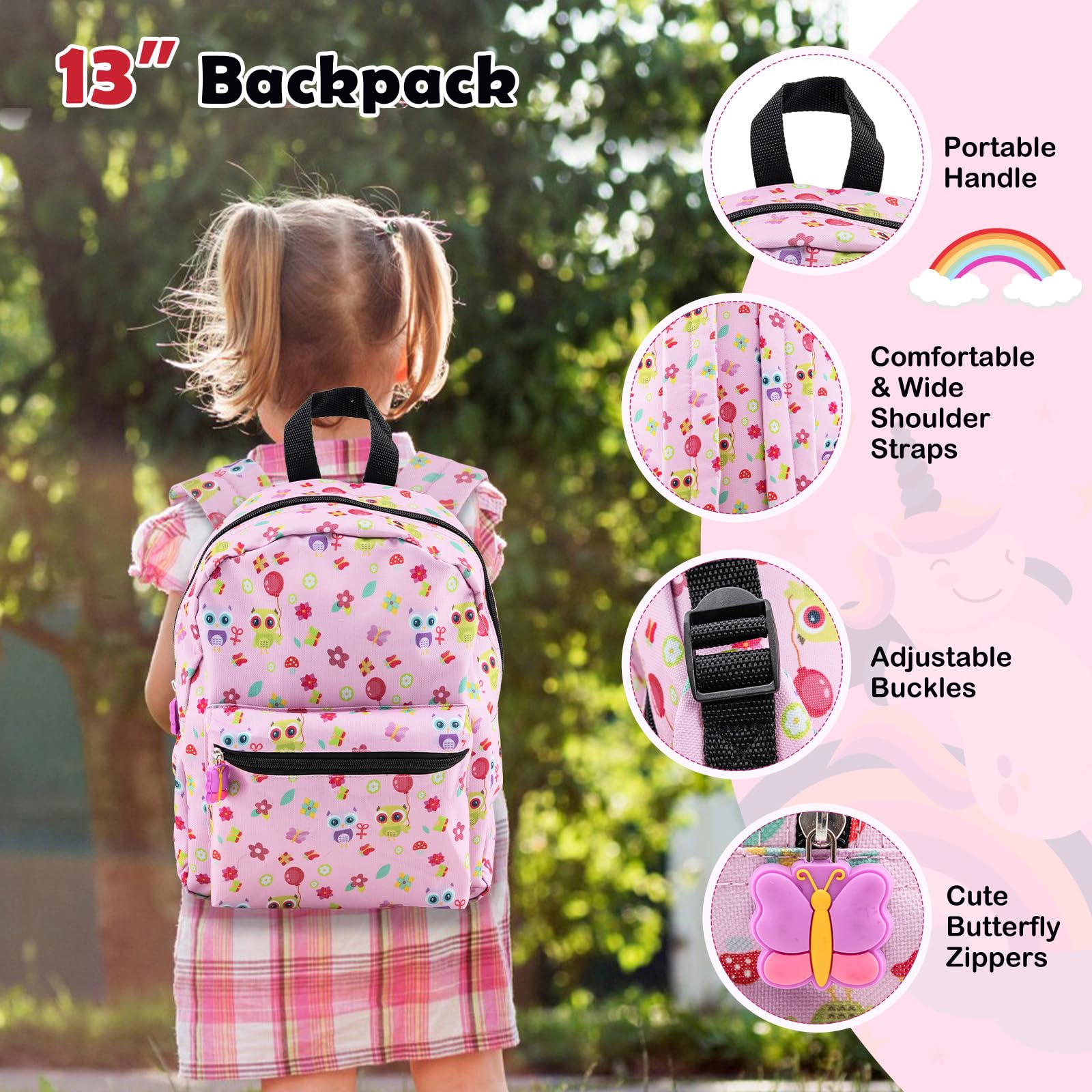 SOARS Set di 5 Pezzi Valigia 16’’ + Zaino 13’’ per Bambini, Bagagli 5-in-1 con Cuscino per Collo, Borsetta da Pranzo e Etichetta, Trolley con Maniglia Telescopica e Ruote Universali (Rosa Gufo)