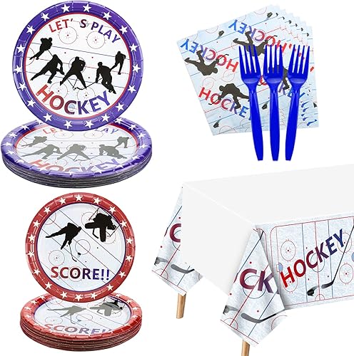 81 piezas de decoraciones de fiesta de hockey Juego de fiesta temática de hockey sobre hielo, platos de hockey, servilletas, mantel, tenedores para