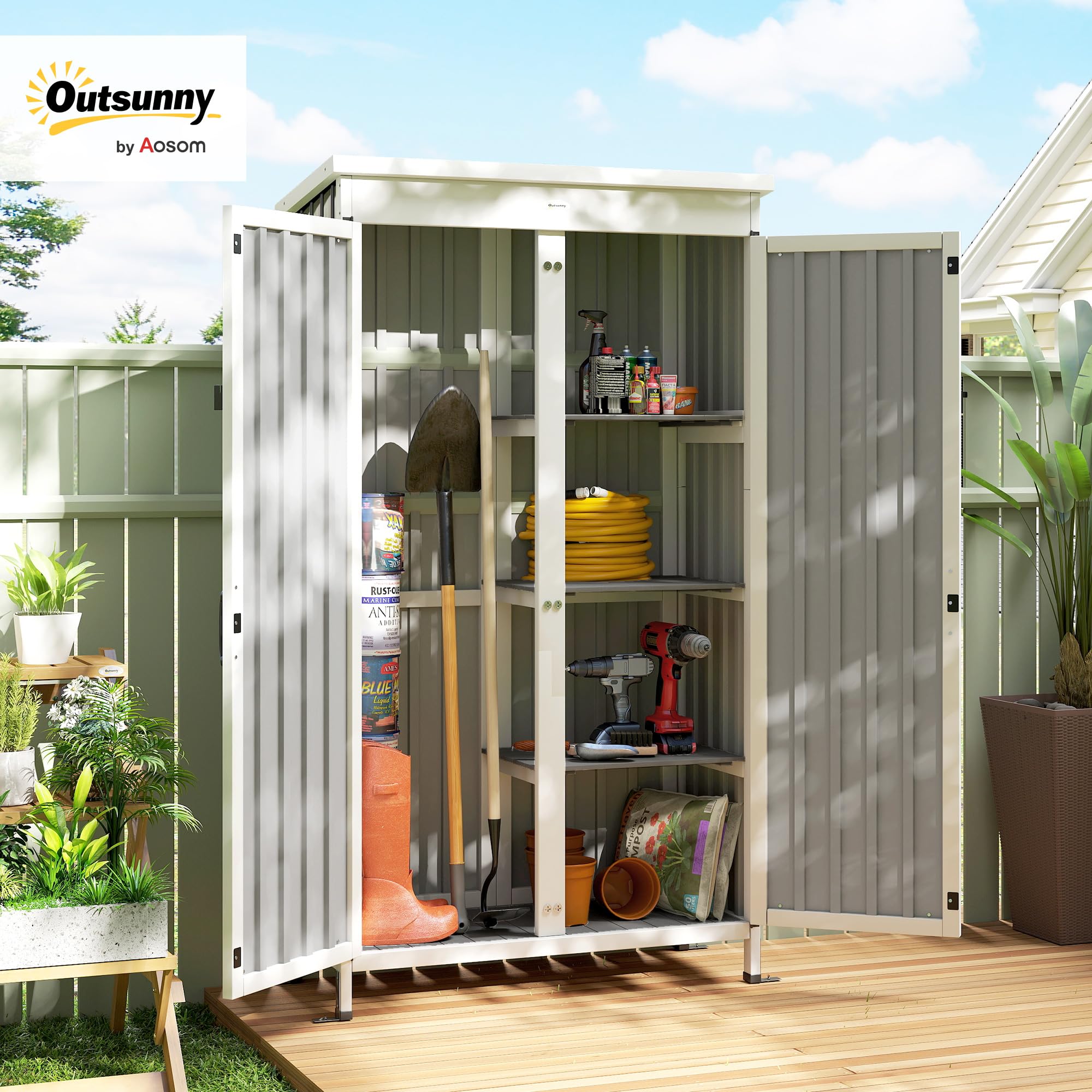 Outsunny Armoire de Jardin en Bois Acier Galvanisé Portes Doubles Noir | Fermeture Métallique, 3 Étagères Amovibles, Toit en Asphalte Imperméable, Base Élevée