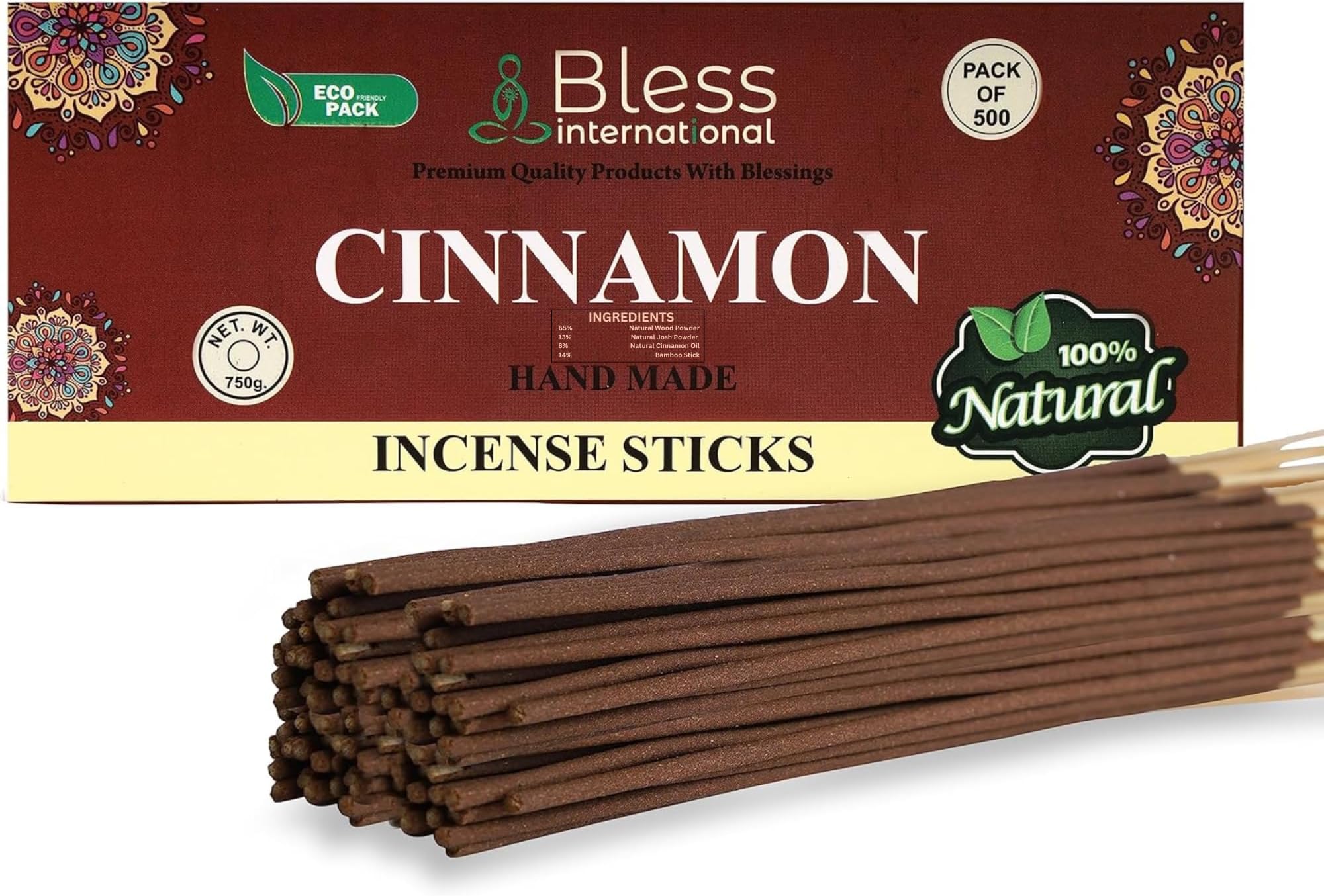 Bless-Cinnamon 100%-Natural-Handmade-Hand-Dipped-Incense-Sticks Organic-Chemicals-Charcoal-Free Purification-Relaxation-Positivity-Yoga-Meditation Best-Woods-Scent (500 Sticks(26 OZ))