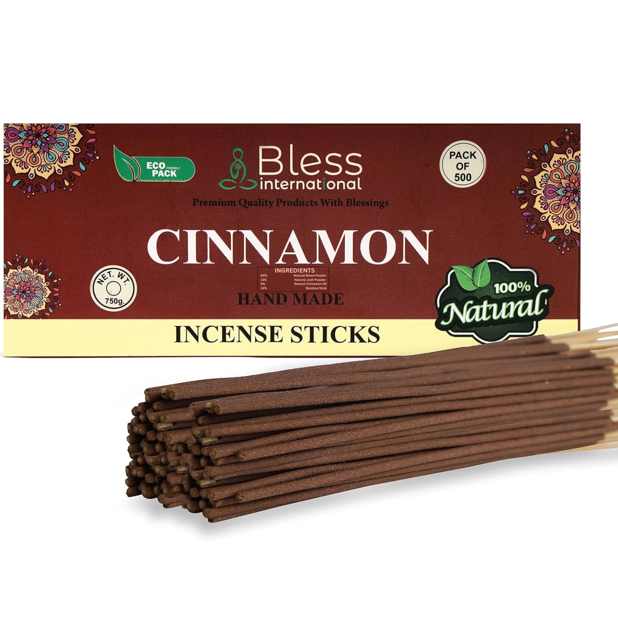 Bless-Cinnamon 100%-Natural-Handmade-Hand-Dipped-Incense-Sticks Organic-Chemicals-Charcoal-Free Purification-Relaxation-Positivity-Yoga-Meditation Best-Woods-Scent (500 Sticks(26 OZ))