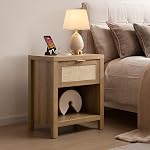 SICOTAS Ensemble de 2 Tables de Nuit en Rotin - Table de Nuit de Ferme avec Station de Charge Type-C et Tiroir, Table de Chevet Boho pour Chambre, Chêne | avec Tiroir Table de Chevet Boho avec Ports USB et Type-C Tables de Chevet pour Chambre Petit Espace