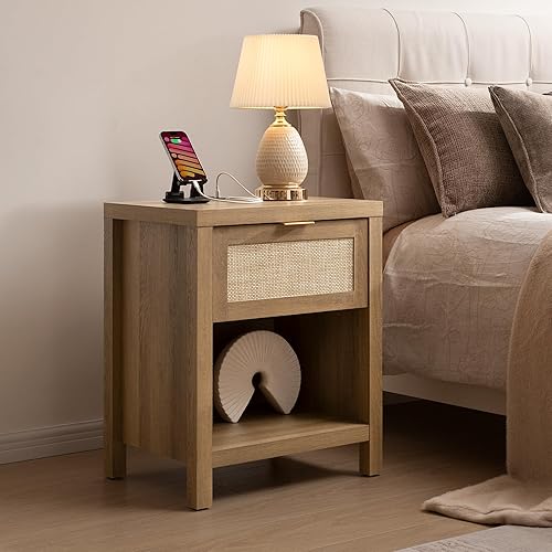 Miniatura 2 de SICOTAS Mesita de noche de ratán con estación de carga, mesita de noche de granja con puertos tipo C y USB, mesa auxiliar de cama bohemia con cajón