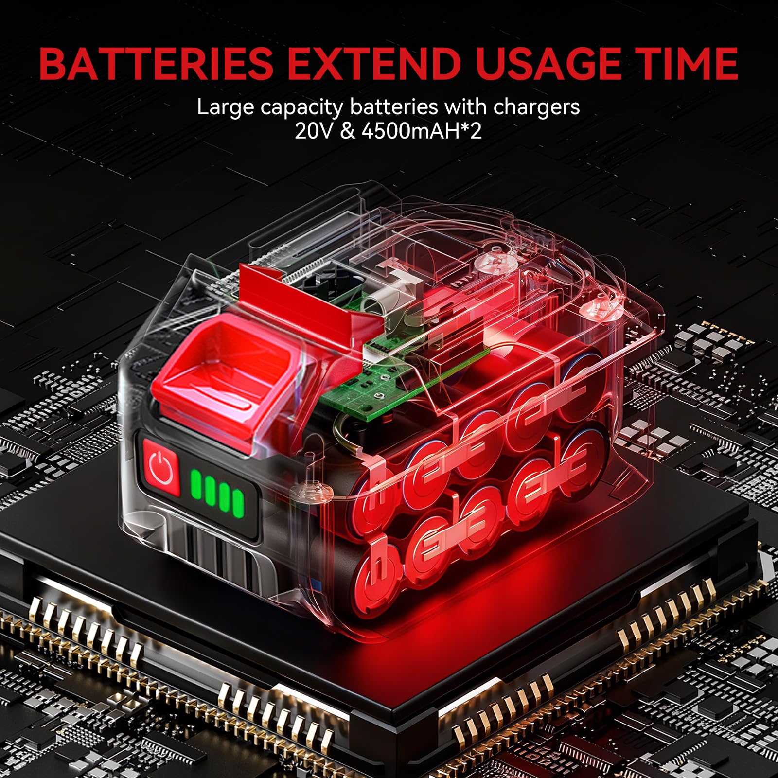 ONEVAN Soffiatore elettrico a batteria con display digitale, 525 W, senza spazzole, girevole a 180°, 180 km/h e 3 marce, 558 m³/h, con 4 ugelli, 2 batterie da 4,5 Ah, soffiatore senza fili per
