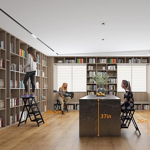 Miniatura 6 de KINGBO Taburete para adultos/escalera/silla de mostrador, taburete plegable de madera portátil de 3 escalones, antideslizante y ligero (tuerca -