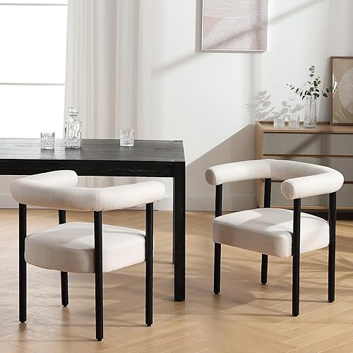 RIVOVA Juego de 2 sillas de comedor de lino beige, modernas sillas de comedor tapizadas, respaldo curvado, sillas de comedor de cocina, sillas de