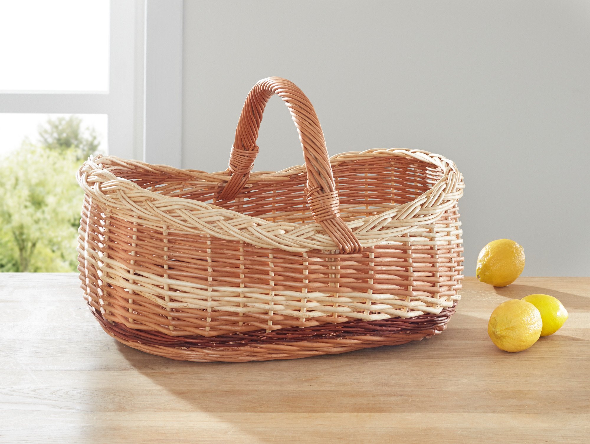 K1-004-G-SS Cestino Per La Spesa In Vimini Intrecciato - Dimensioni 52x37x21 (40) Cm - Cesto Portabottiglie, Portafrutta, Regalo - Fatto A Mano In UE Con Inserti In Tessuto Lavabile - 2