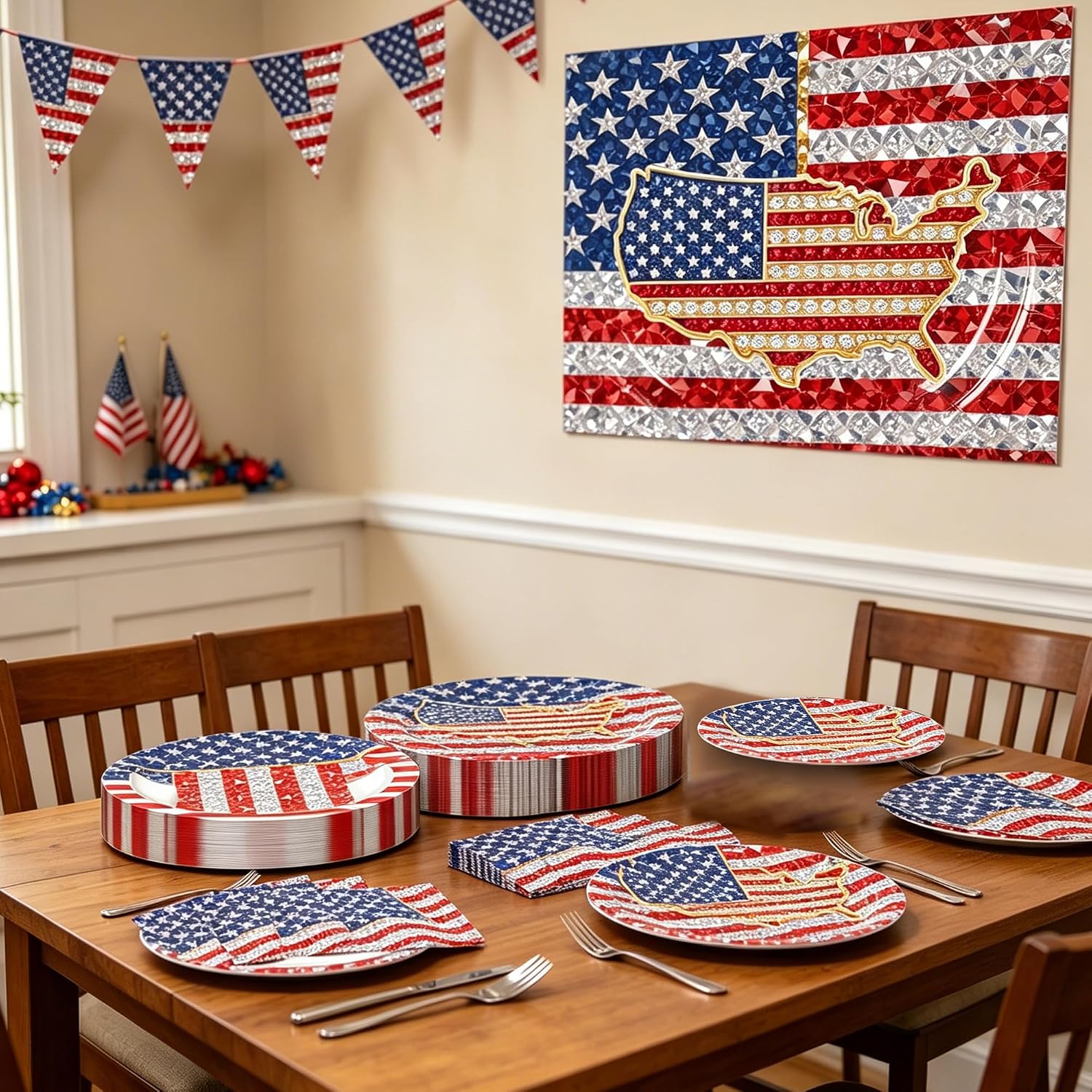 100 PCS 4th of July Paper Plates and Napkins Independence Day Tableware Set American Flag Dinnerware Party Decorations for Patriotic 250th anniversary Veterans Day (Map)