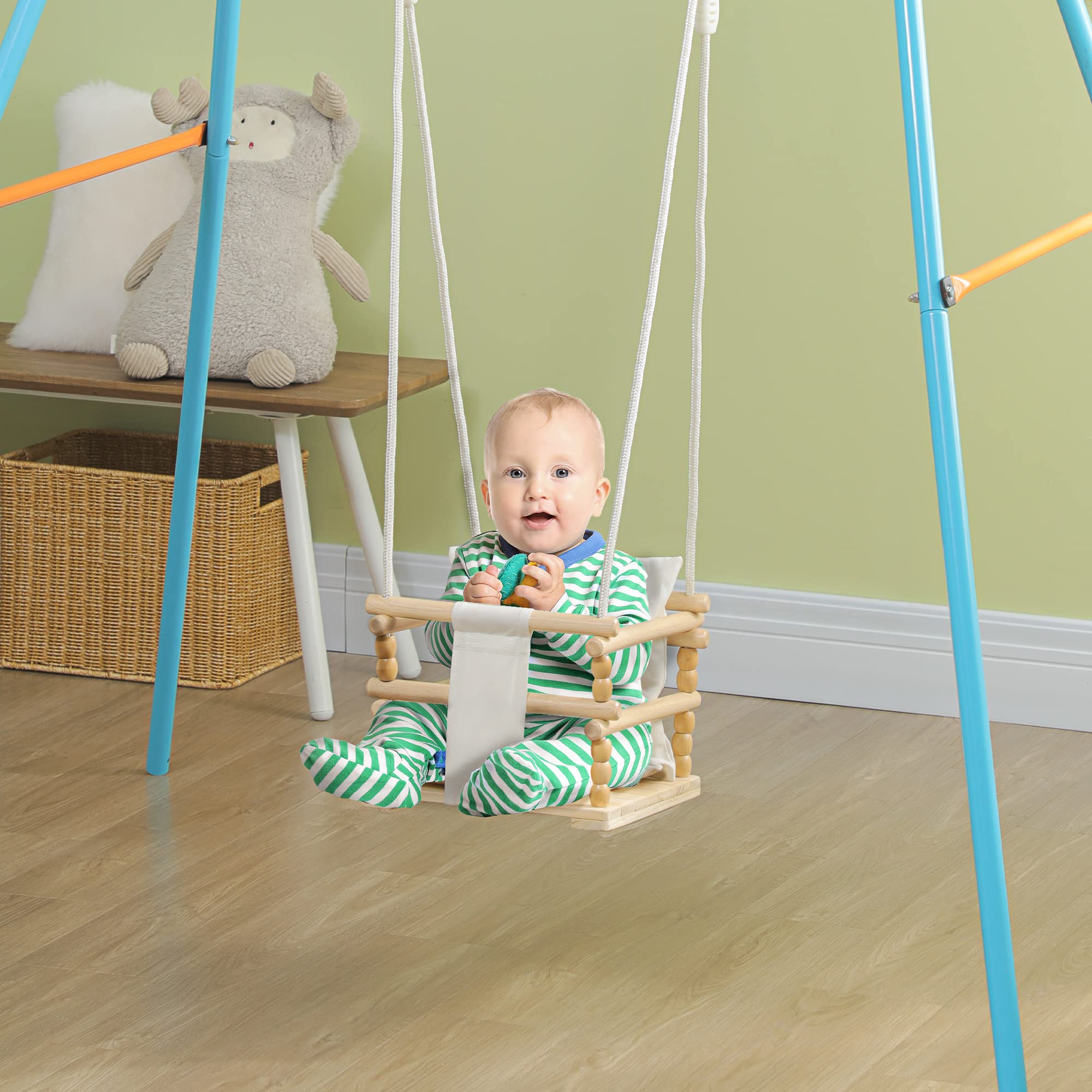 AIYAPLAY Altalena per Bambini 9-36 Mesi in Legno e Cotone per Interni ed Esterni con Corda Regolabile e Cuscino Rimovibile, 30x30x110-180 cm, Color Legno e Bianco