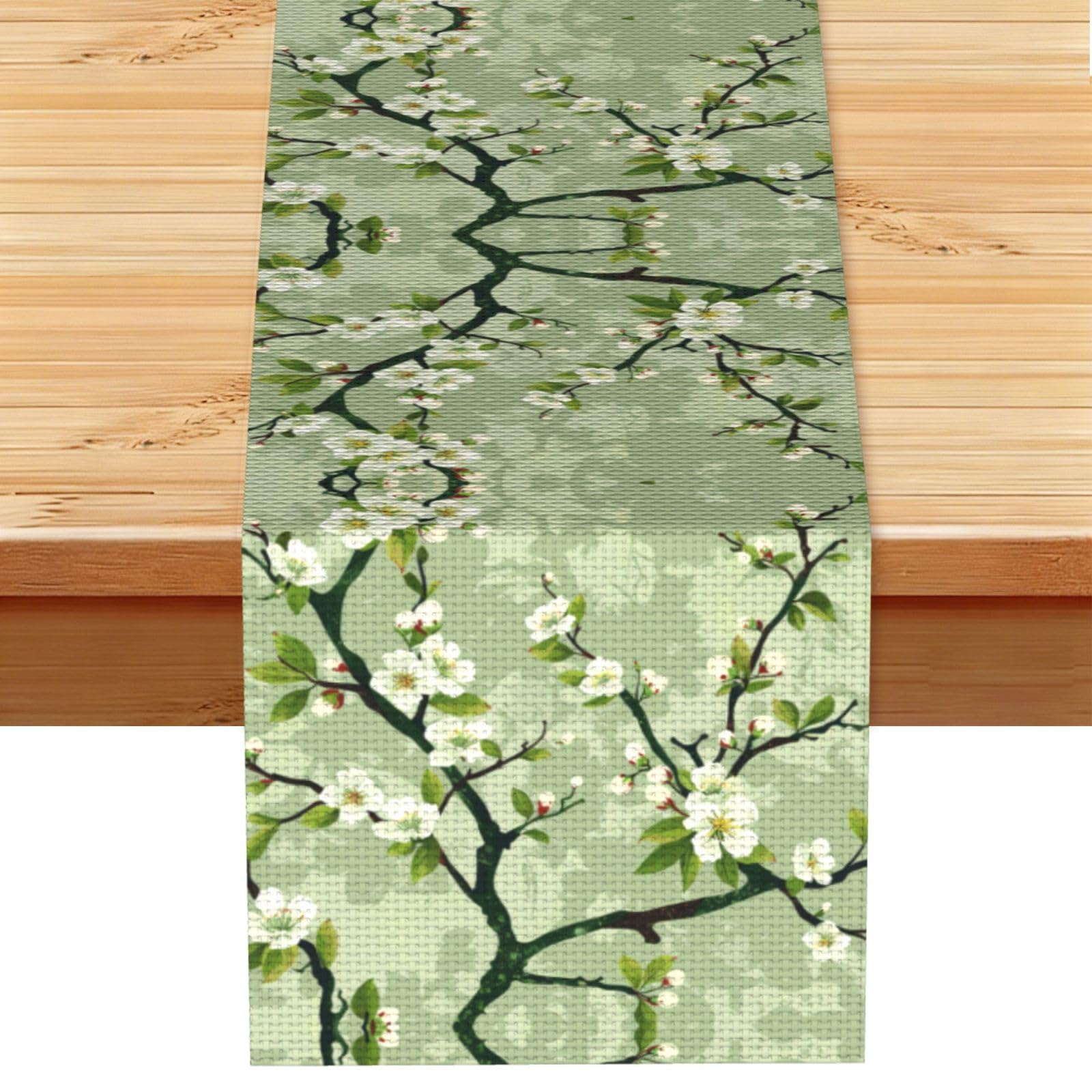 Earthy White Green Sprigs Printed Table Runner 13 x 72, Wrinkle Resistant Decor for Dining Table Coffee Table Fireplace