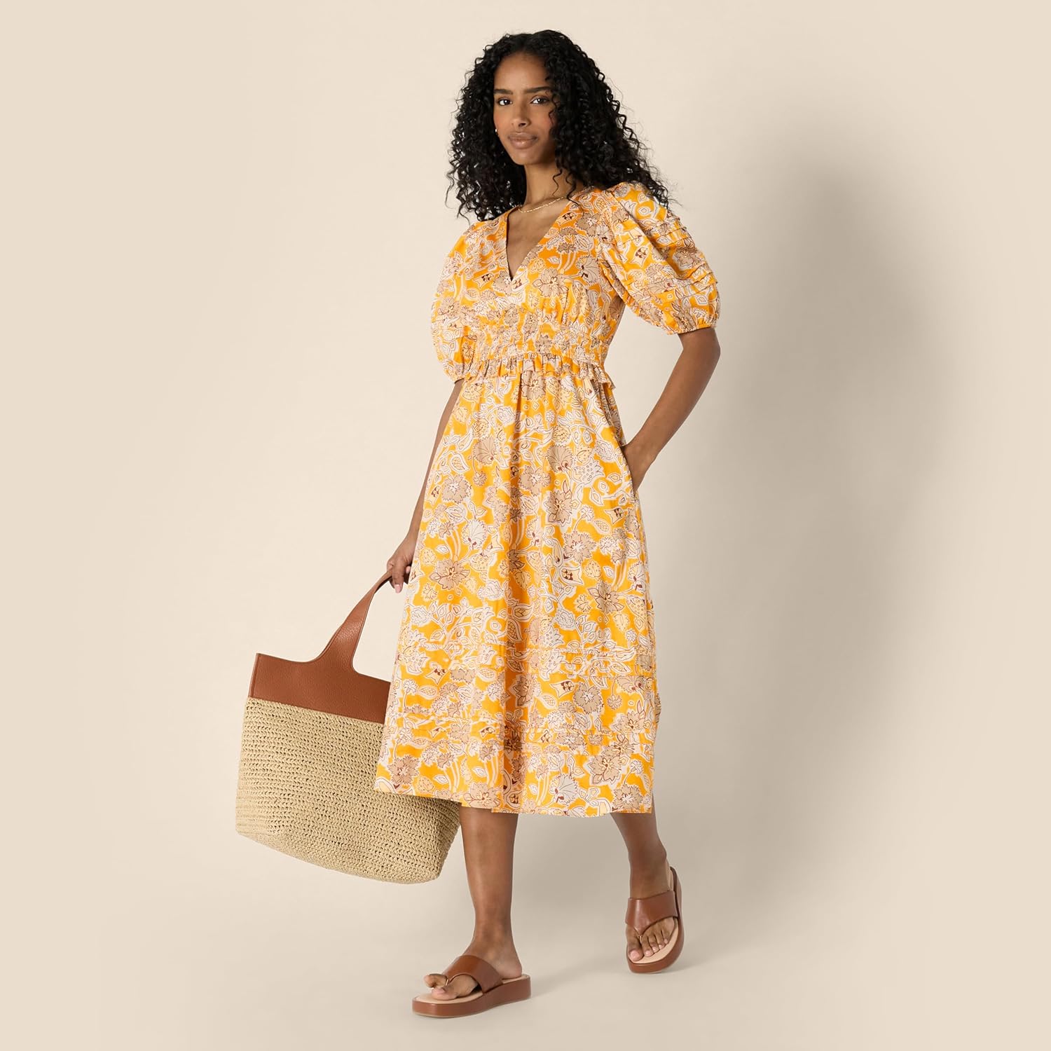 Amazon Essentials Women's Regular-Fit Cotton Sateen Puff Sleeve Midi Dress - Image 5