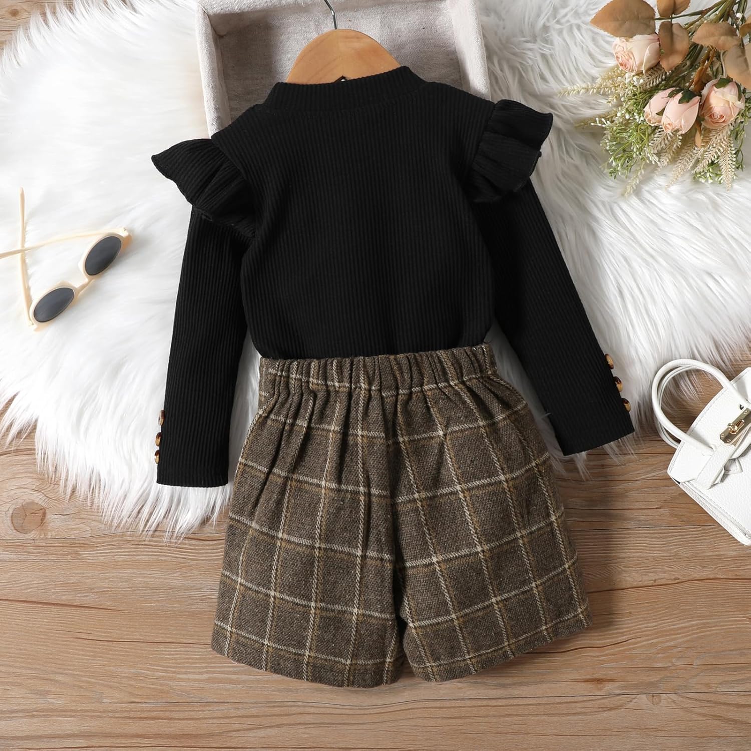 Fernvia Toddler Girl Fall Winter Clothes Ruffles Long Sleeve Shirt and Plaid Shorts Skirt Kids Little Girl 2Pcs Outfits Set - Image 6
