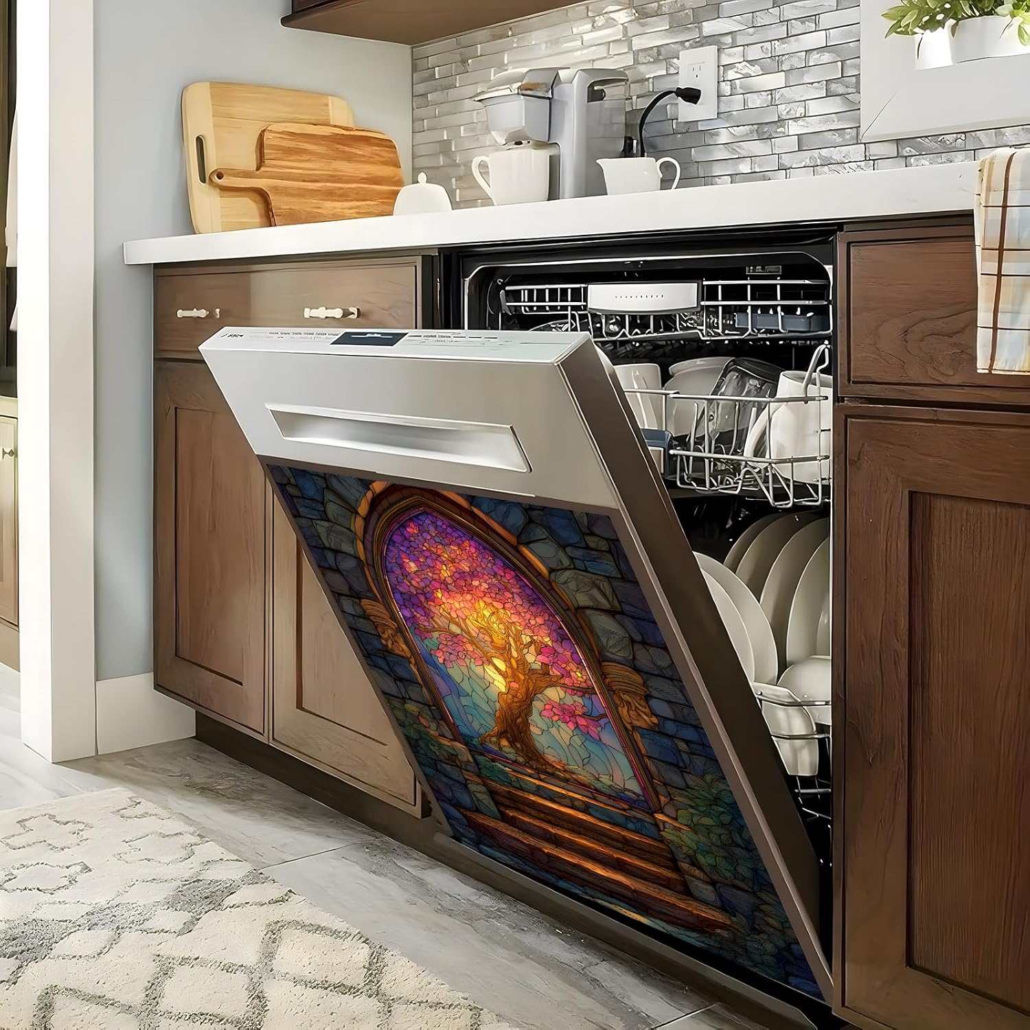 Dishwasher Magnet Cover Arched Door Tree of Life Dishwasher Cover Magnet Decor, Dishwasher Refrigerator Protection Cover, Kitchen Art Magnetic Sticker 23x25.5 inches