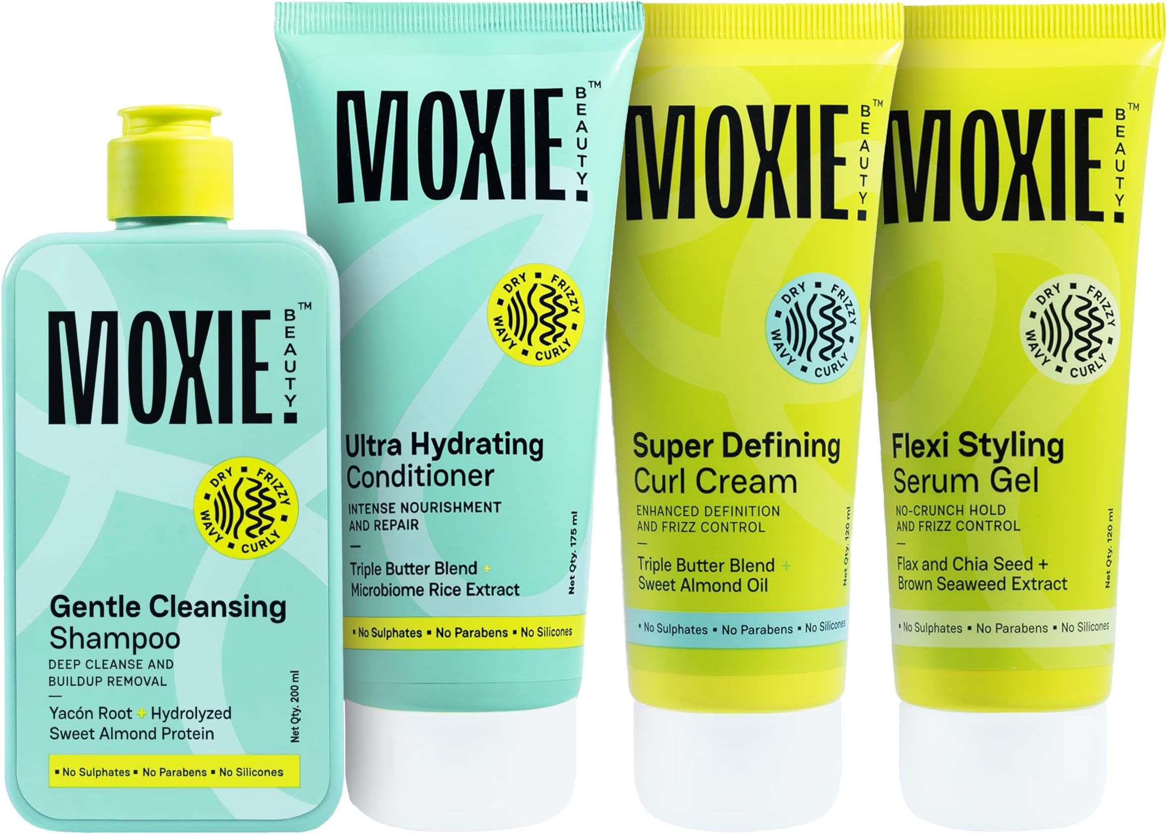 MOXIE BEAUTY Curly Hair Routine Set | Boosts Curl Definition & Retains 96% Moisture | Gentle Cleansing Shampoo (200ml), Ultra Hydrating Conditioner (175ml), Flexi Styling Serum Gel (120ml) & Super Defining Curl Cream (120ml)