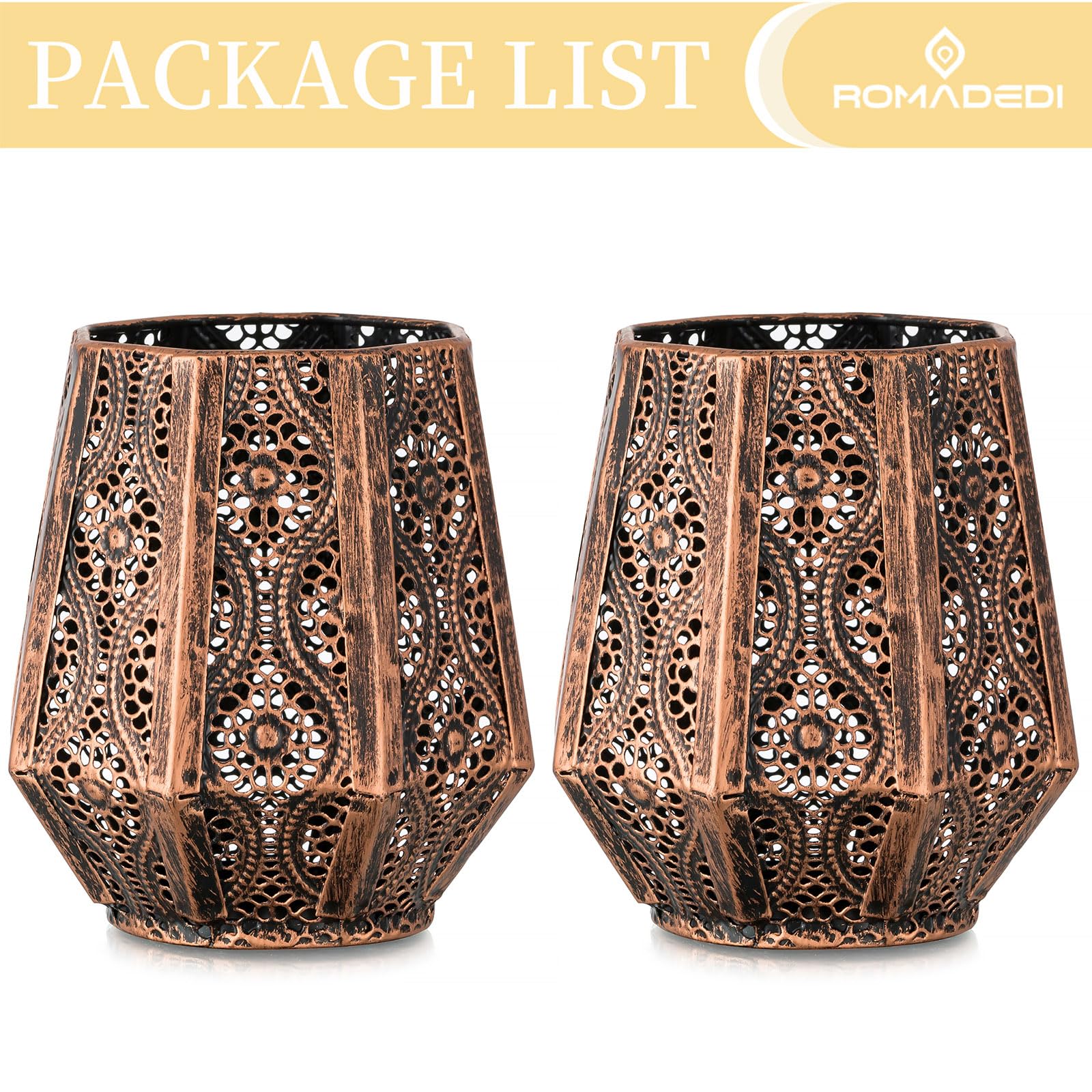 Romadedi Lanterne marocchine dorate, set di 2 lanterne decorative in metallo per candele a colonna, Natale, Ramadan, Halloween, giardino all'aperto