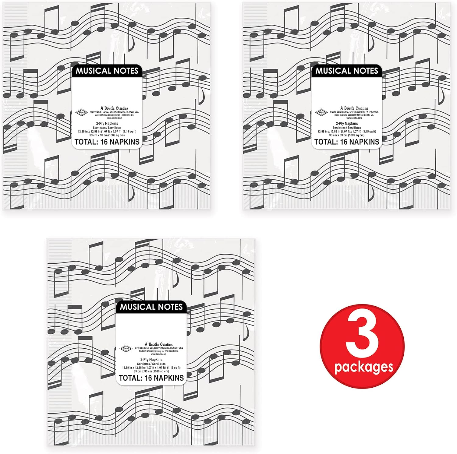 Beistle 48-Piece Musical Notes Luncheon Napkins in White/Black, Music Themed Party Supplies, Party Decorations for Musicians, Concerts, 6.5" x 6.5"