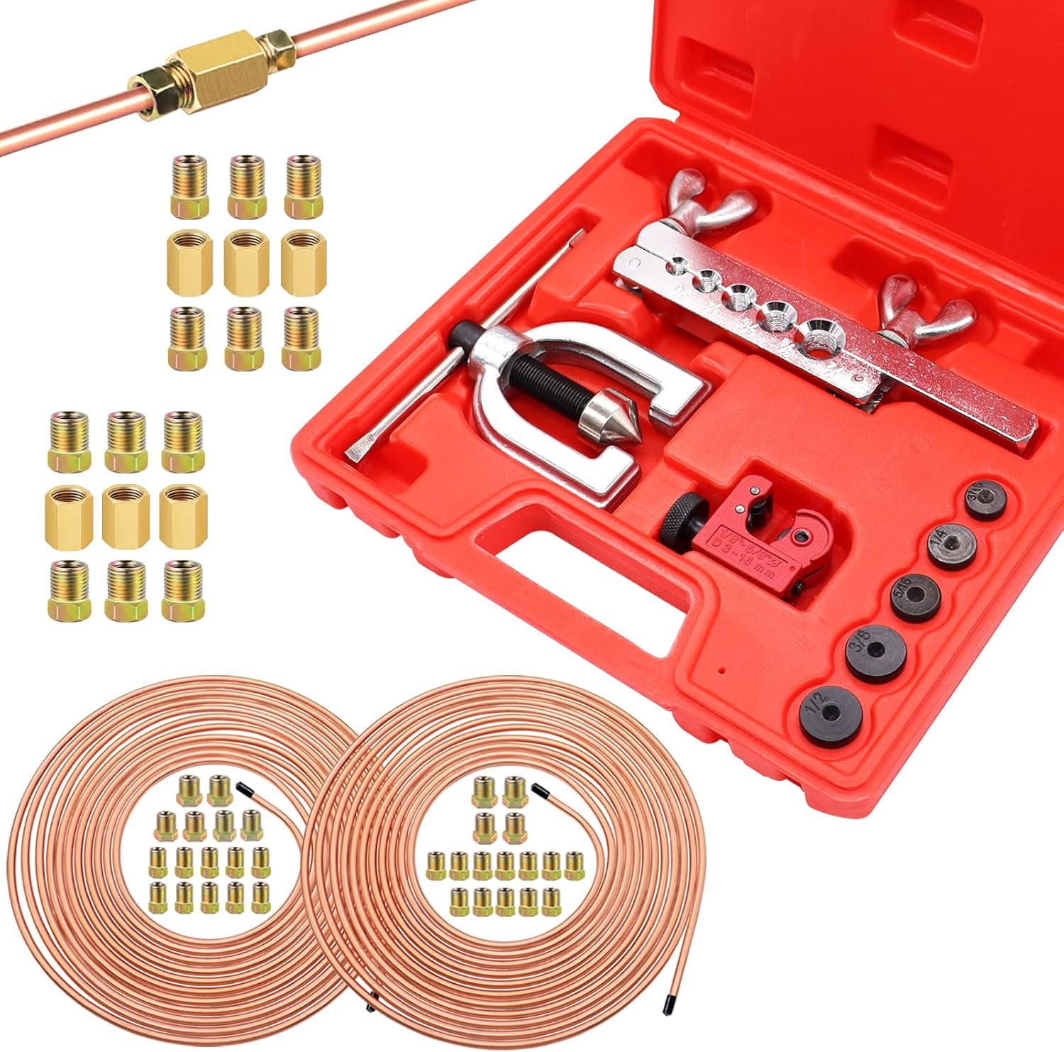 25 ft 3/16 + 1/4 Copper Coated Brake Line Tubing Kit(Includes 44 Fittings and 6 Unions) with Double & Single Flaring Tool Kit