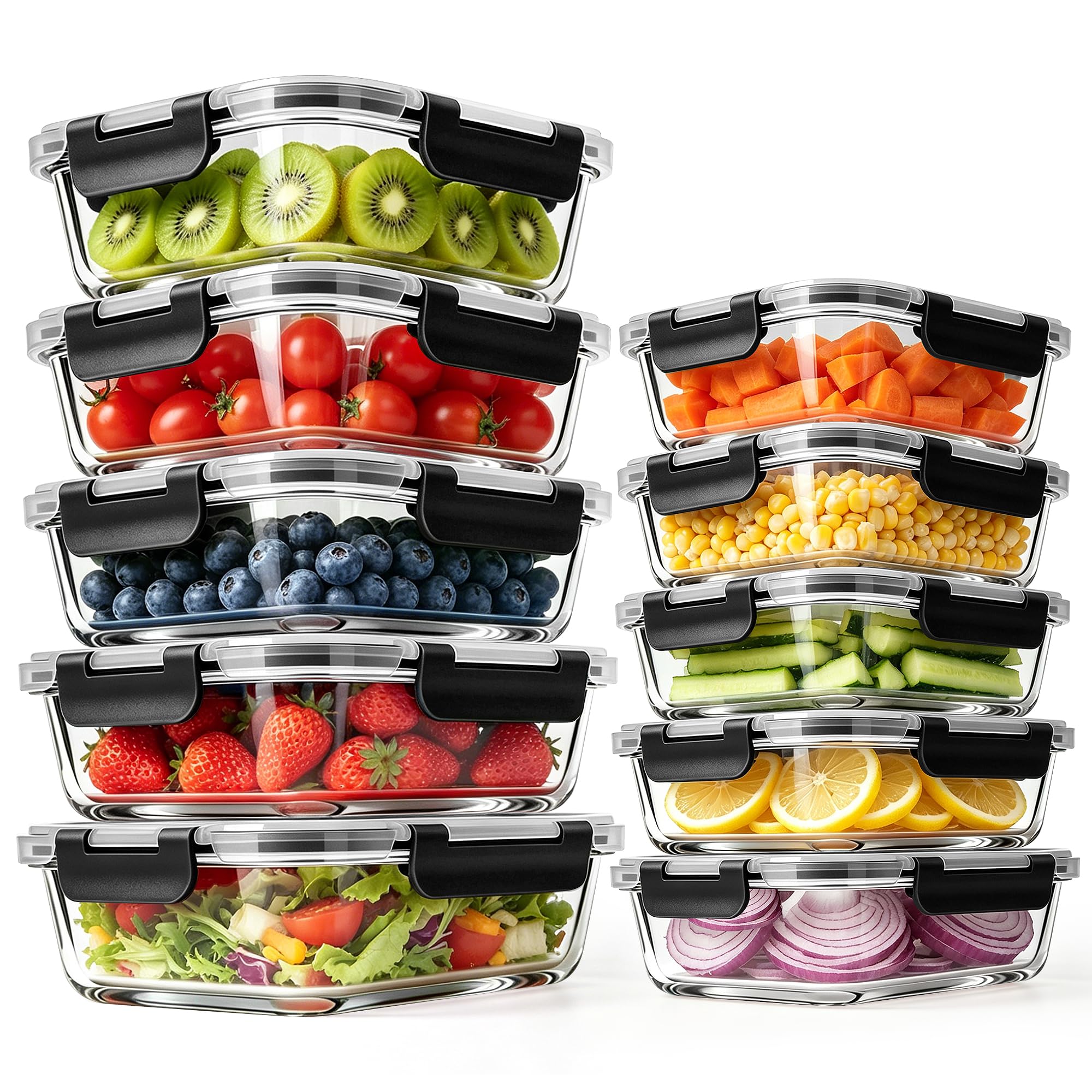 Meetoz Black 10 Pack Glass Meal Prep Containers, Airtight Glass Food Containers, Stackable Glass Food Storage Containers Set With Lids,Bpa-Free, For Microwave, Oven, Freezer And Dishwasher