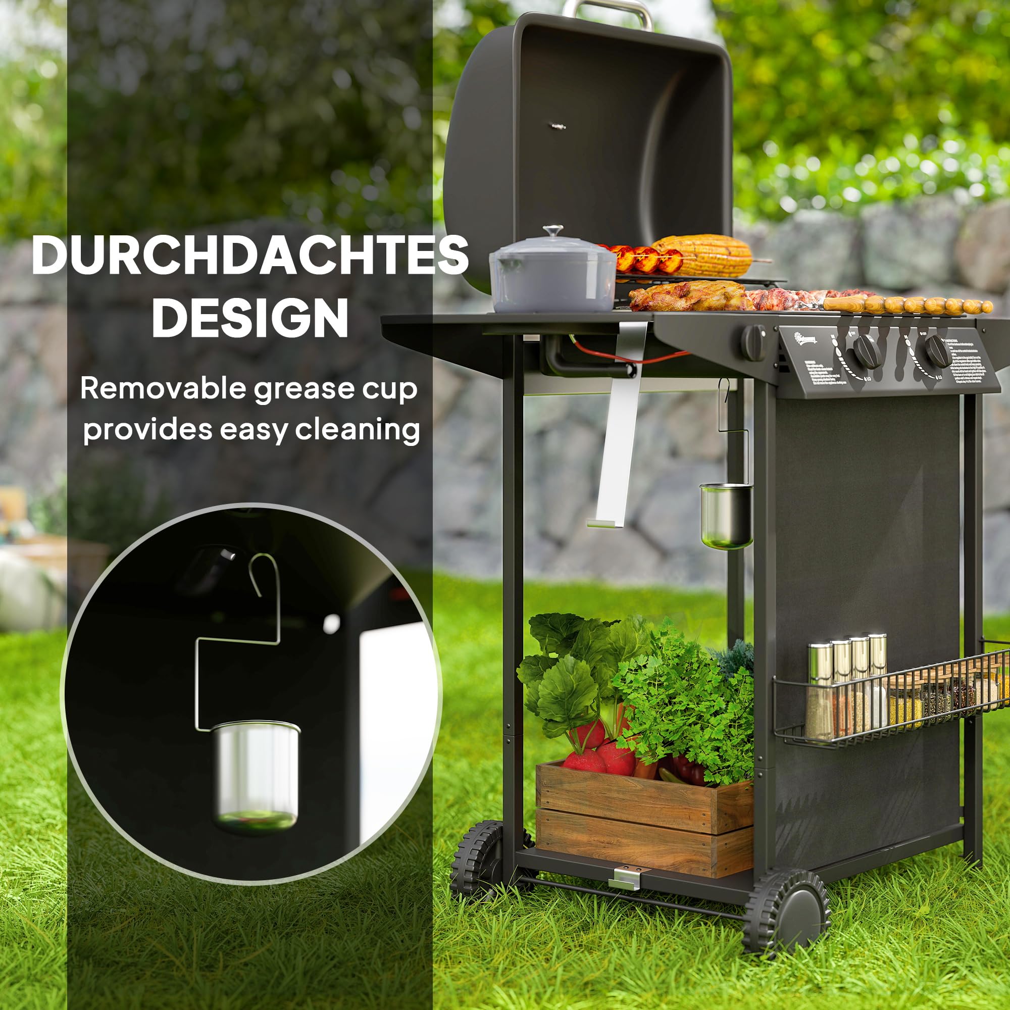 Outsunny Gasgrill 7 KW BBQ 3 Brenner Seitenkocher 107 x 54 x 96 cm | Gartengrill, Rolle, 2 Heizzonen, Druckminderer, Deckel Thermometer, Seitenablagen, Gasschlauch, Grillwagen, Grill, Balkon