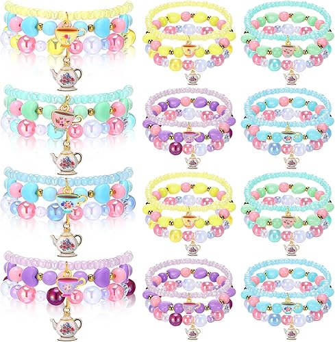 Cunno 36 pulseras de fiesta de té a granel para niñas, pulseras de cuentas de tetera para niñas, regalos de fiesta de princesa de té, accesorios,