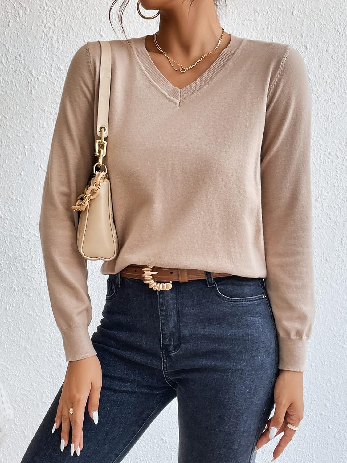 BEDAW Women's Sweater Solid Neck Sweater Sweater for Women (Color : Apricot, Size : Large)