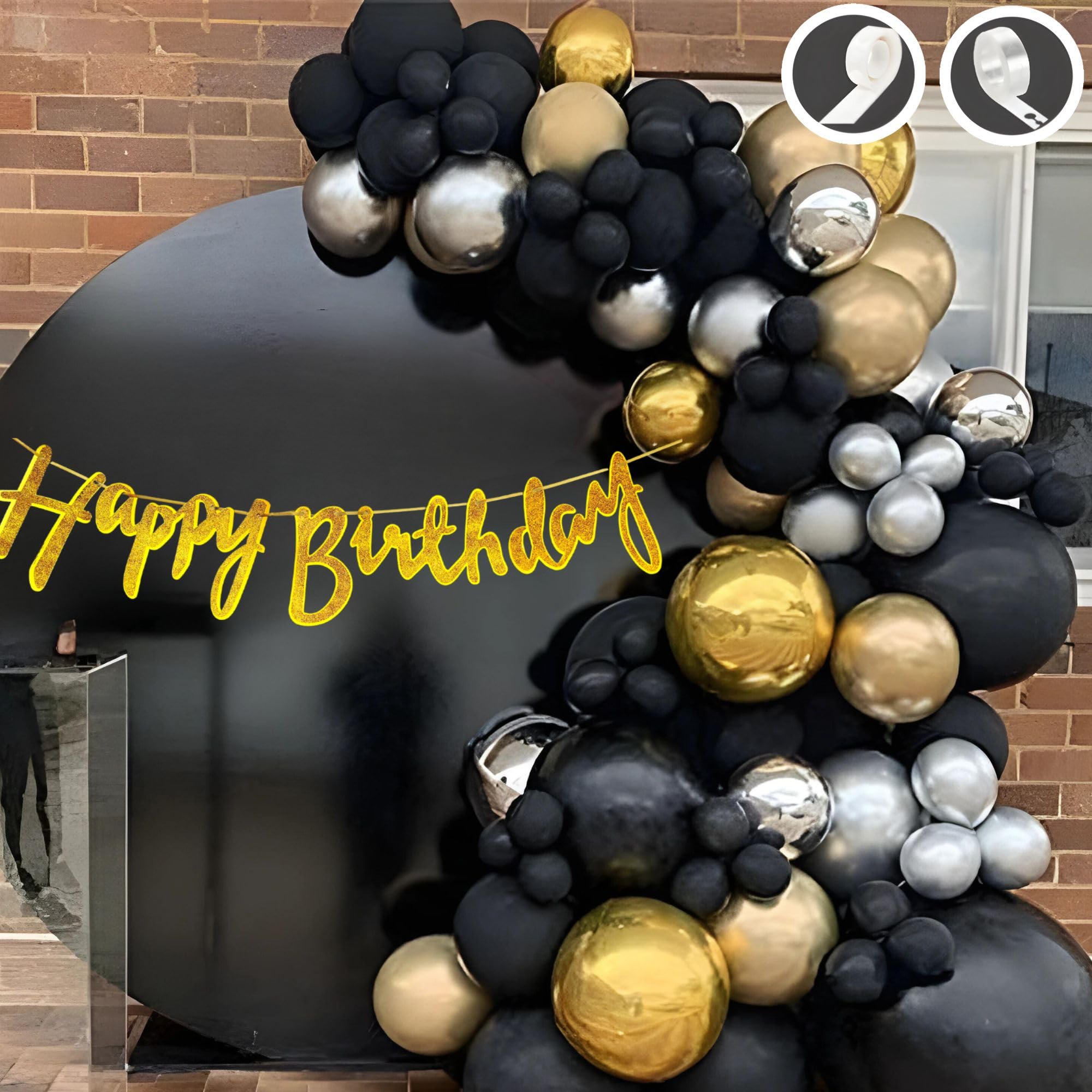 Flyloons Happy Birthday Decoration Golden and Black Theme Combination for Boys Girls Kids | 30 Pcs Gold Black Silver Balloons | Gold Happy Birthday Cursive Glitter Banner | Arch Tape | Glue Dots-image-32