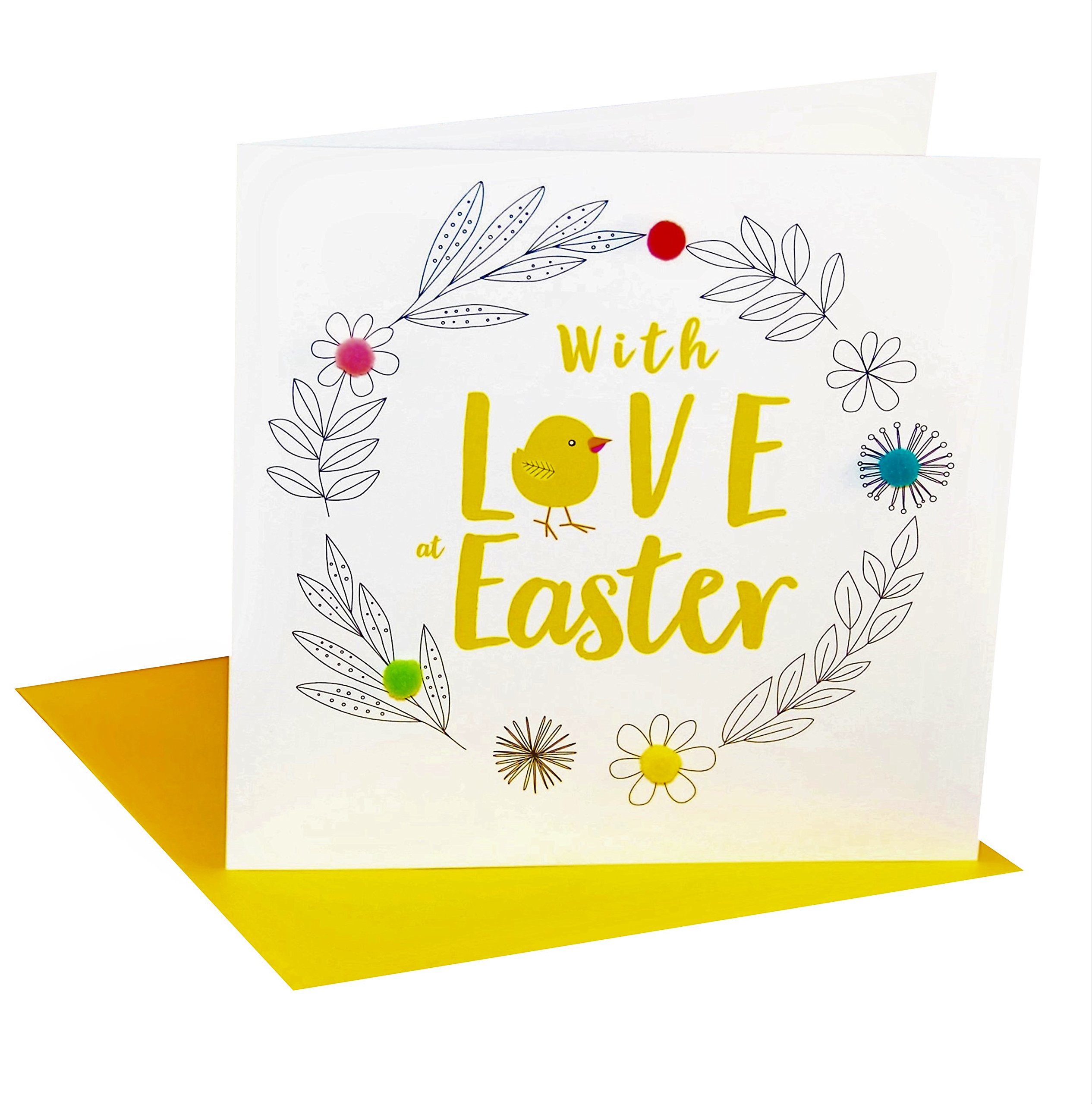Claire Giles Greeting Cards, Happy Easter Card, Chick and Wreath design Easter Greeting Card, Embellished with colourful Pompoms