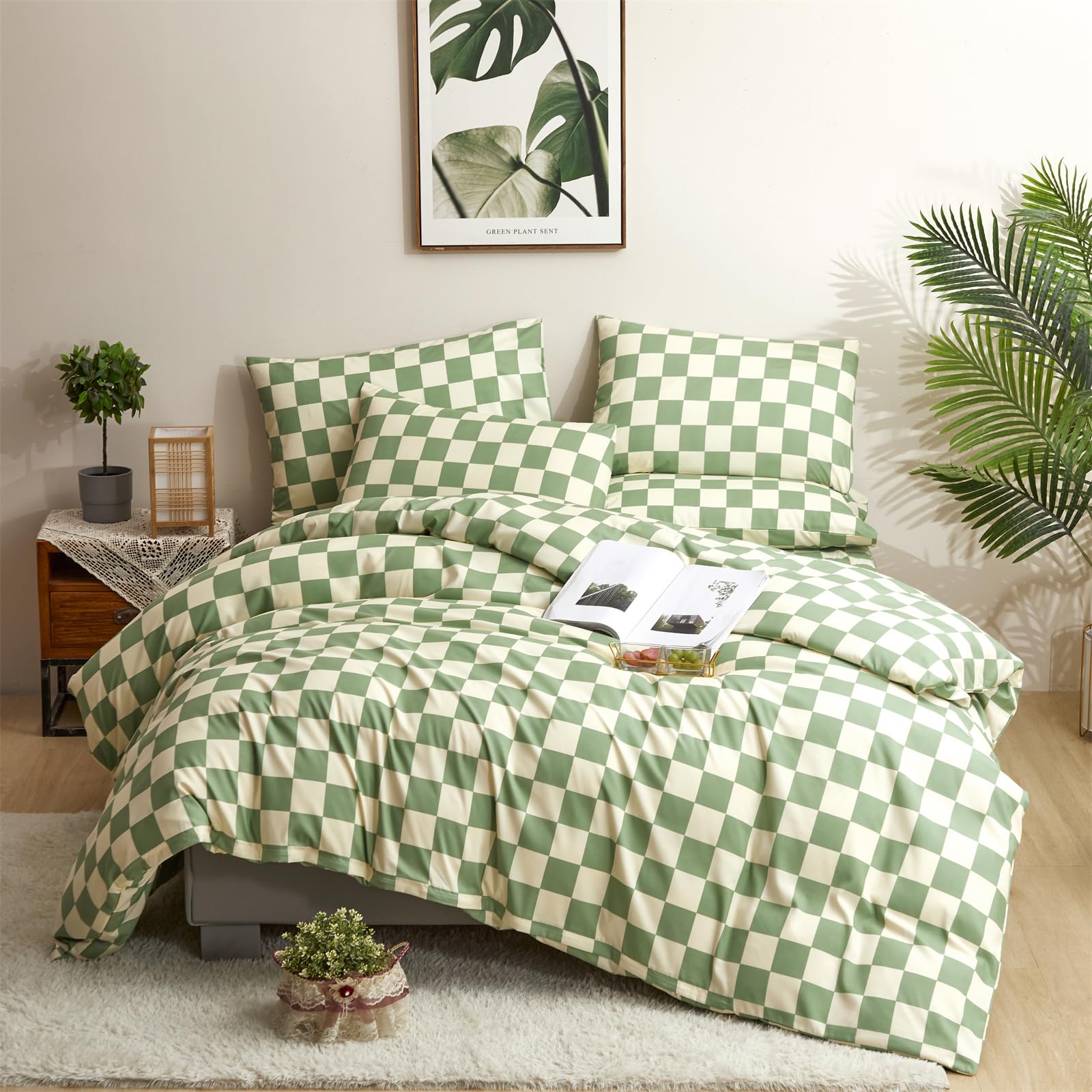 CLOTHKNOW Green White Plaid Queen Comforter Set 3Pcs Grid Bedding Comforter Sets Checkerboard Comforter Checker Queen Comforter with 2 x Pillow Cases