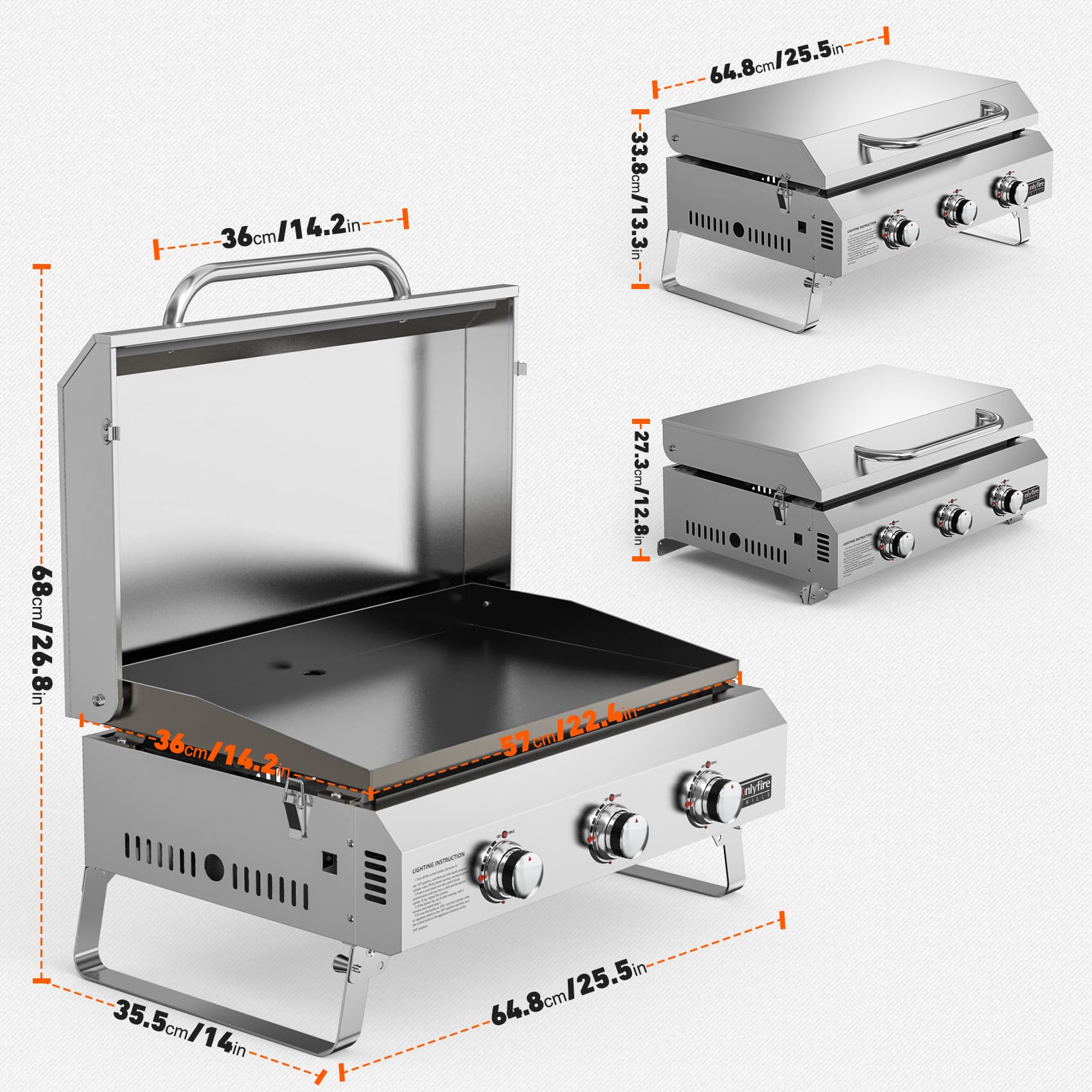 onlyfire Plancha à Gaz de Table en Inox, Barbecue Gaz avec Couvercle et 3 Brûleurs 7kW, Plancha 57x36cm avec Revêtement en Céramique Antiadhésif, Pieds Pliables pour Terrasse, Balcon et Camping