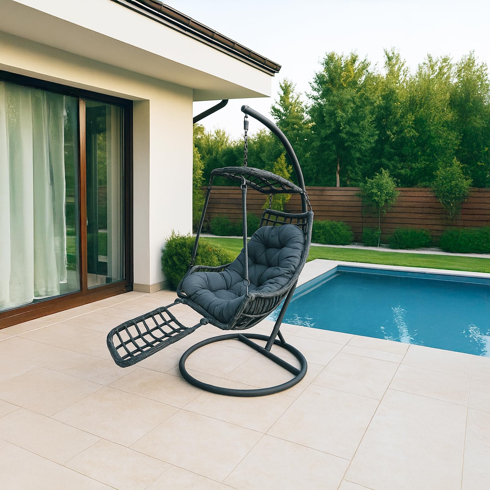 YOEVU - Silla Colgante con Soporte | Reposapiés Integrado | Estructura de Acero Reforzada | Cojín Acolchado Ergonómico | Diseño Boho para Interior y Exterior, Grande, Acero Aleado (Gris)