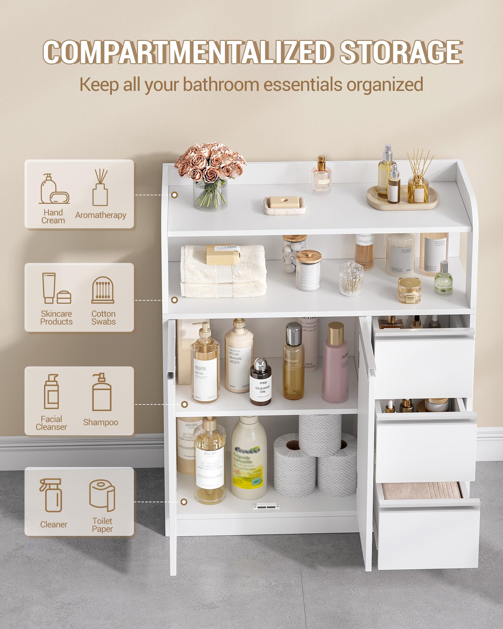 Hzuaneri Mobile Bagno, 2 Anta, 3 cajones, Ripiani Regolabili, Grande Capacità di Stoccaggio, Moderno, per Soggiorno o Bagno, Dimensioni, 30 x 80 x 92 cm, Bianco 5280003X